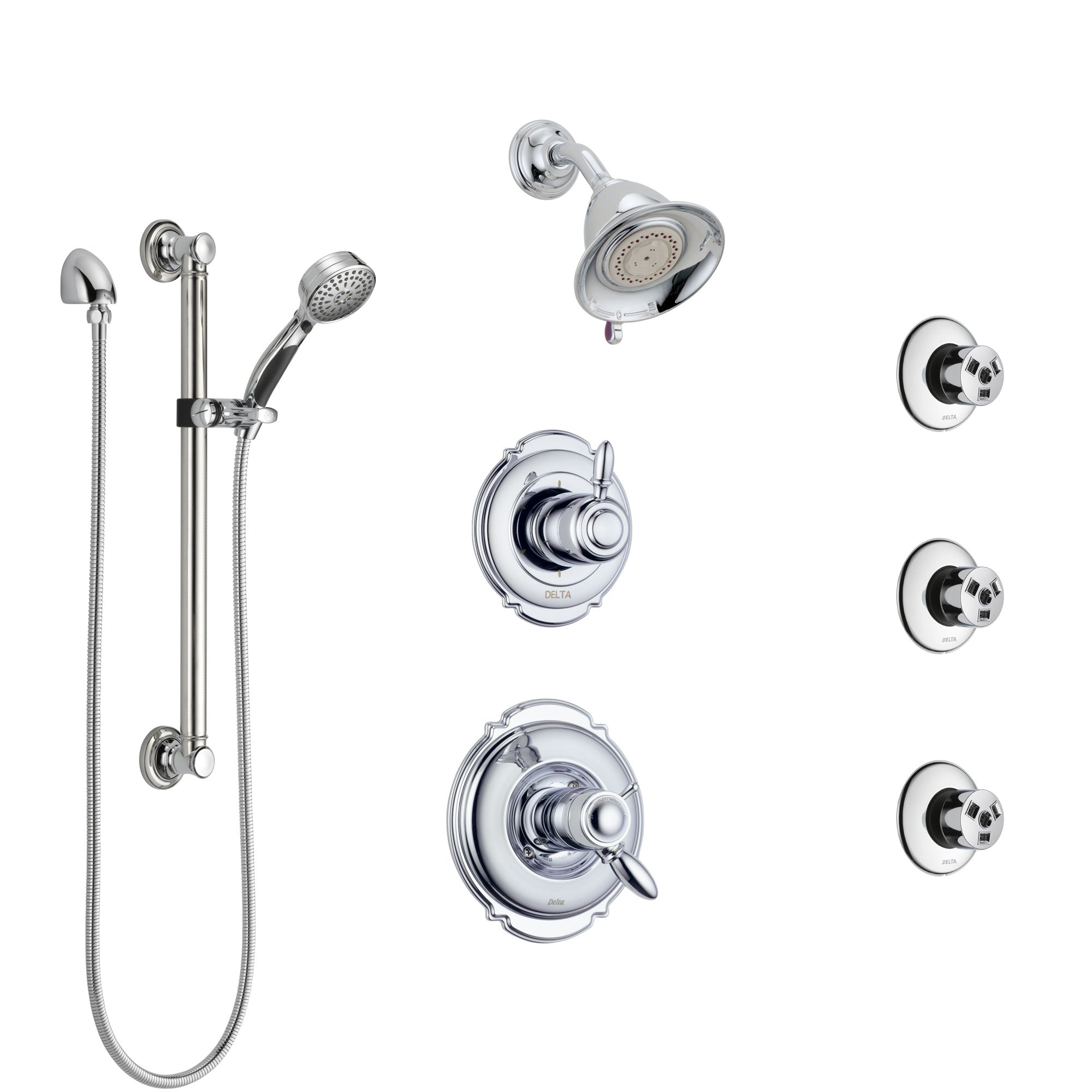 Delta Victorian Chrome Shower System with Dual Thermostatic Control, Diverter, Showerhead, 3 Body Sprays, and Hand Shower with Grab Bar SS17T25522