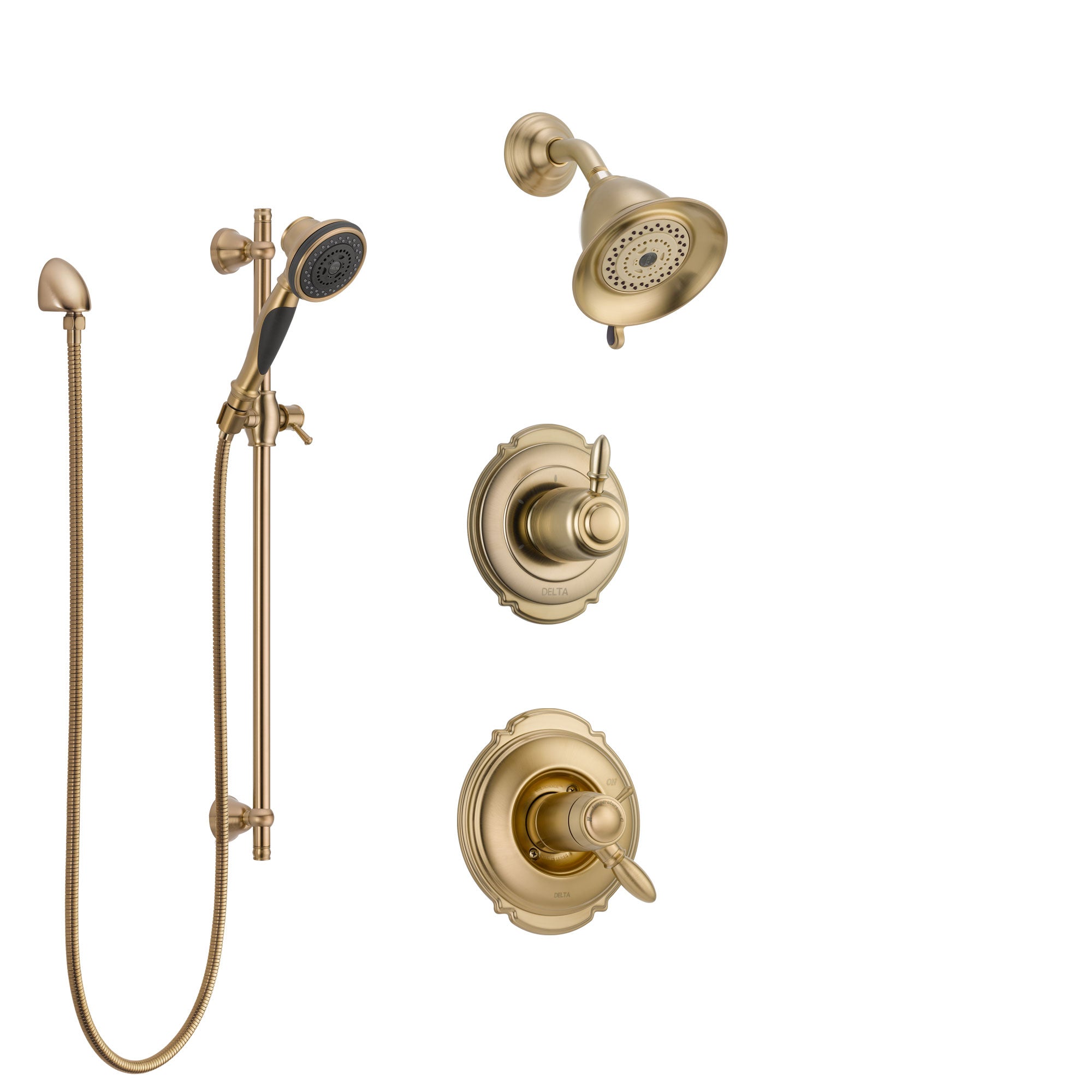 Delta Victorian Champagne Bronze Shower System with Dual Thermostatic Control Handle, Diverter, Showerhead, and Hand Shower with Slidebar SS17T2552CZ3