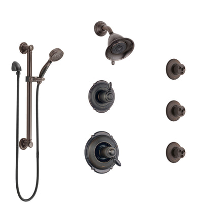 Delta Victorian Venetian Bronze Dual Thermostatic Control Shower System, Diverter, Showerhead, 3 Body Sprays, and Grab Bar Hand Spray SS17T2552RB2