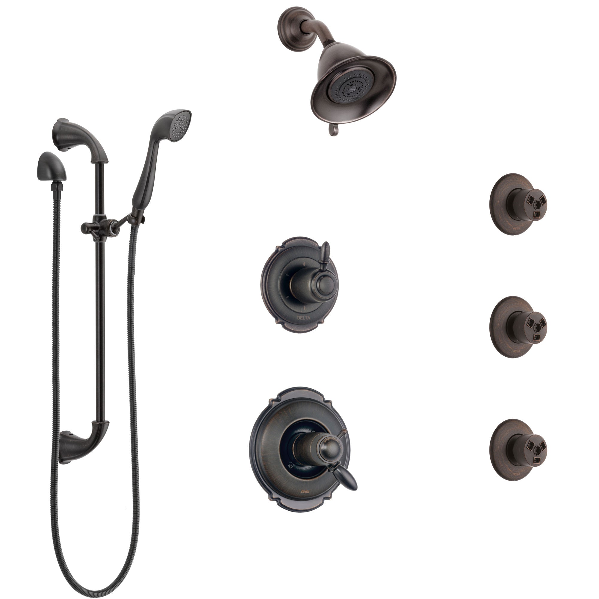 Delta Victorian Venetian Bronze Shower System with Dual Thermostatic Control, Diverter, Showerhead, 3 Body Sprays, and Hand Shower SS17T2552RB3