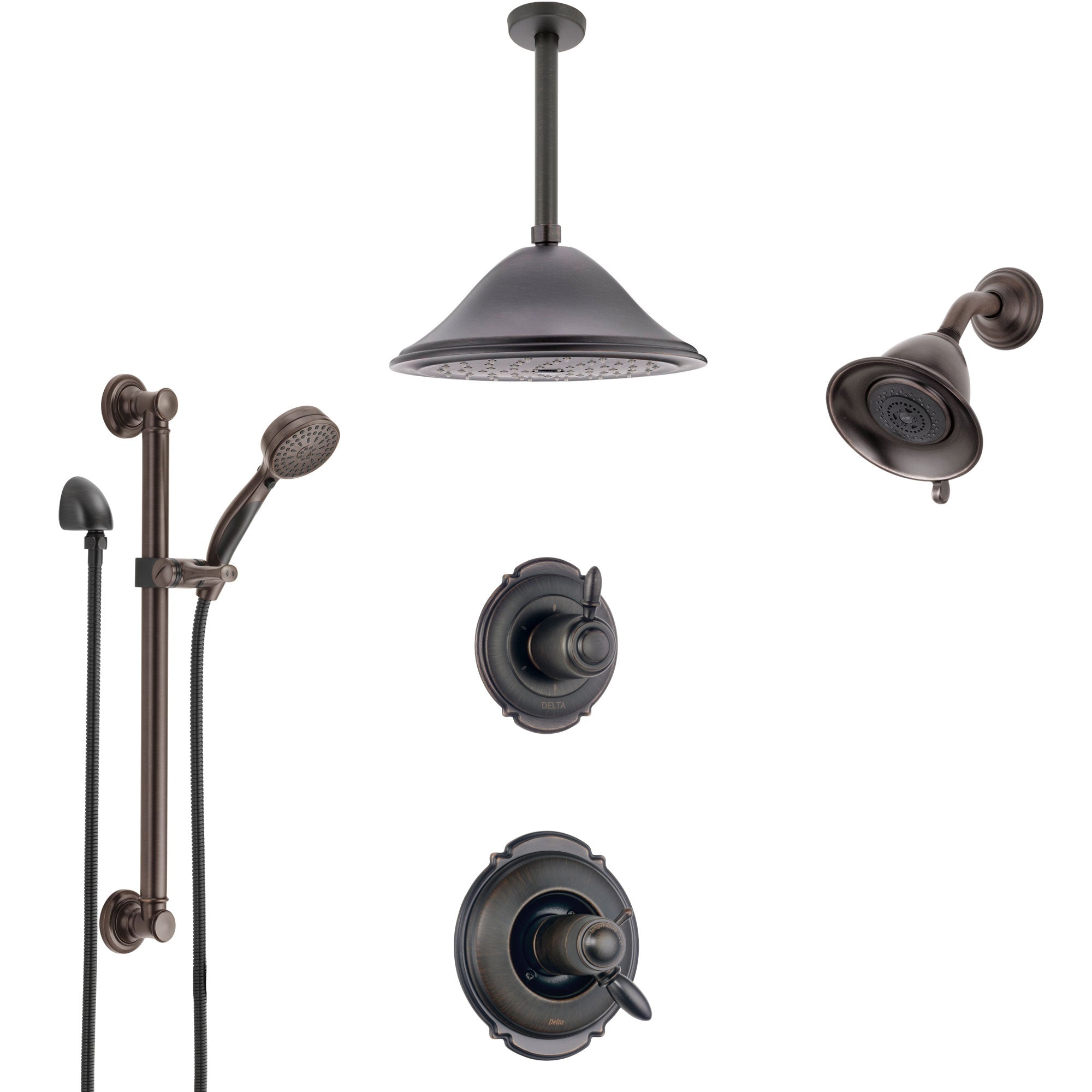 Delta Victorian Venetian Bronze Dual Thermostatic Control Shower System, Diverter, Showerhead, Ceiling Showerhead, Grab Bar Hand Spray SS17T2552RB5