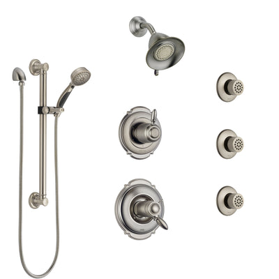 Delta Victorian Dual Thermostatic Control Stainless Steel Finish Shower System, Diverter, Showerhead, 3 Body Sprays, Grab Bar Hand Spray SS17T2552SS2