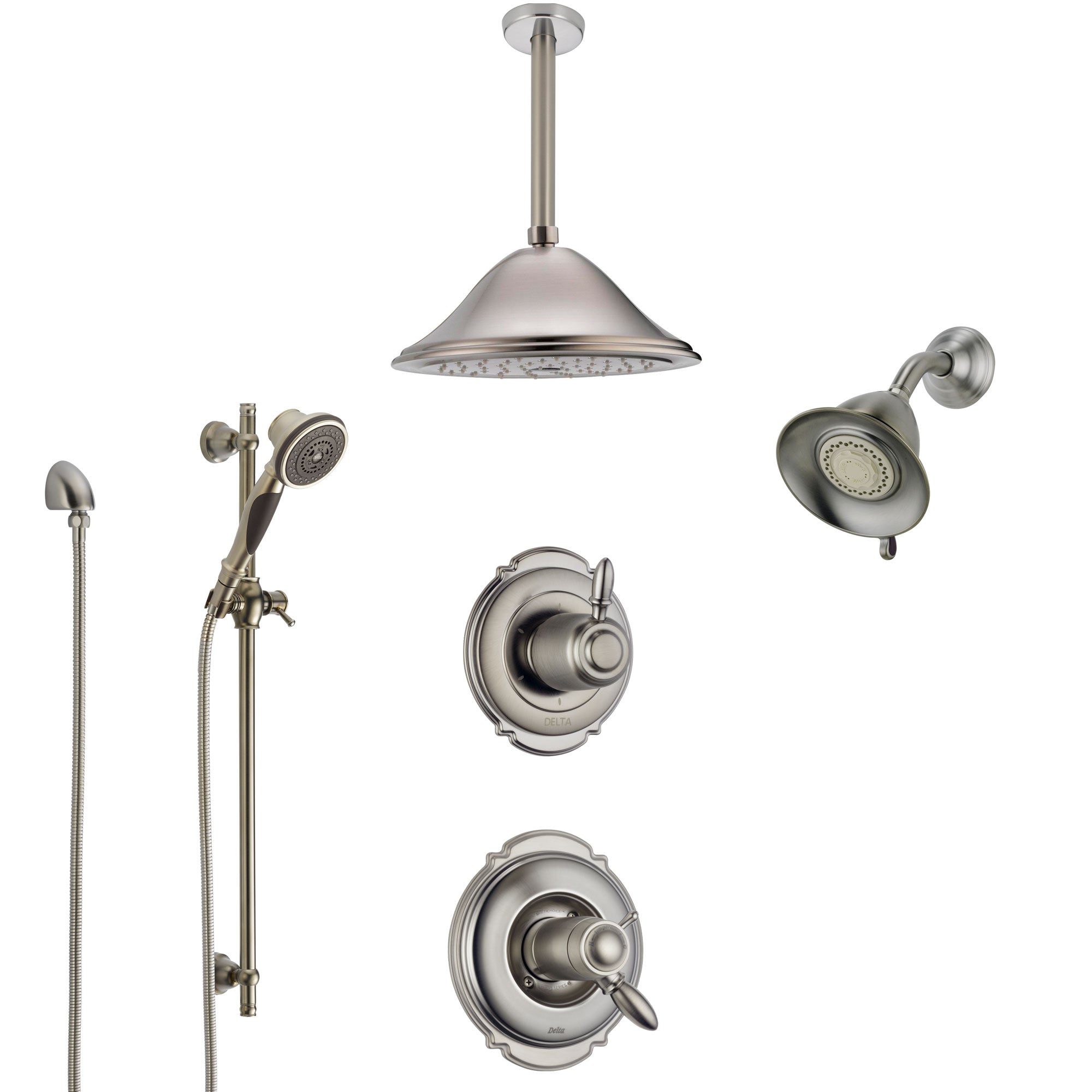 Delta Victorian Dual Thermostatic Control Stainless Steel Finish Shower System, Diverter, Showerhead, Ceiling Showerhead, and Hand Shower SS17T2552SS5