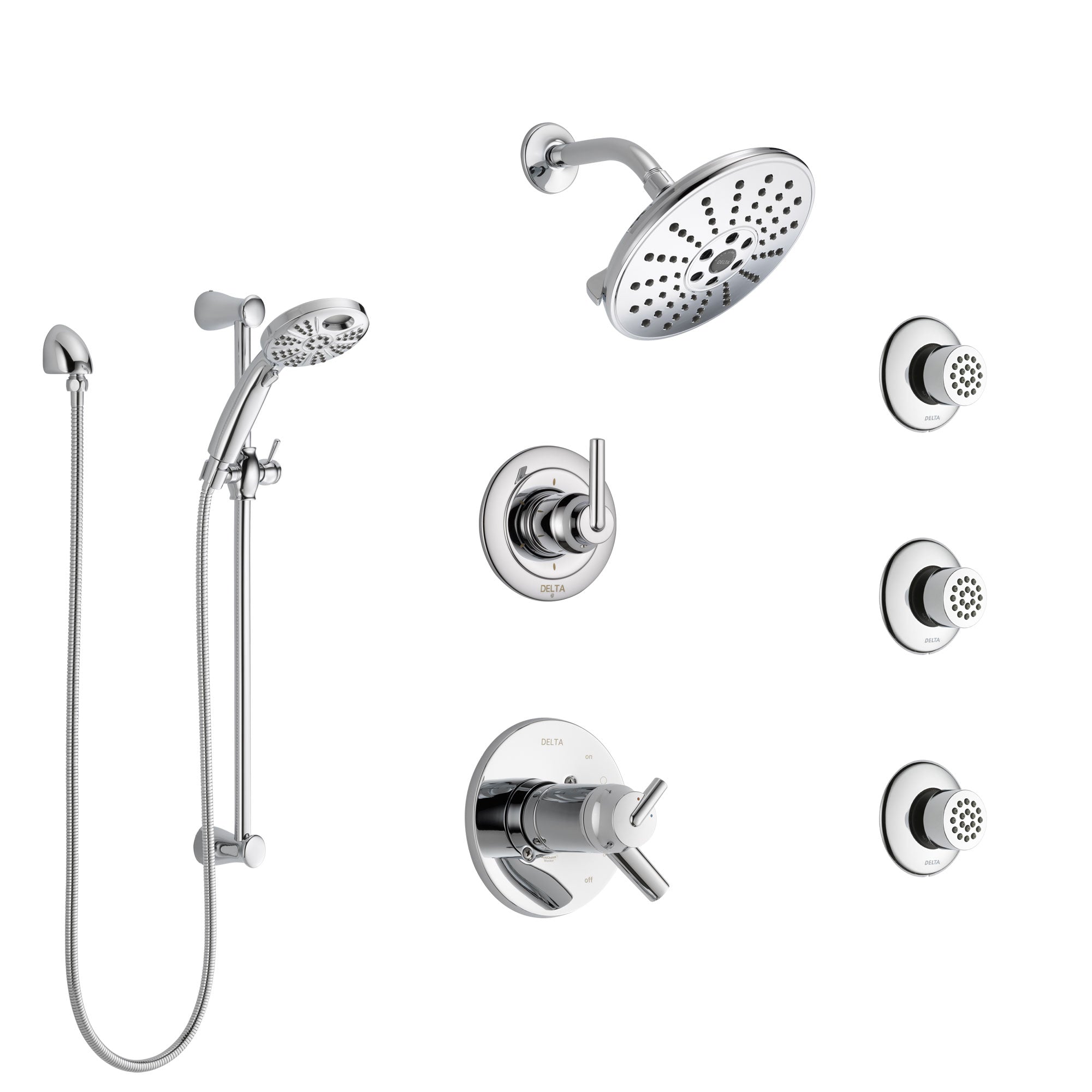 Delta Trinsic Chrome Shower System with Dual Thermostatic Control, 6-Setting Diverter, Showerhead, 3 Body Sprays, and Temp2O Hand Shower SS17T25914