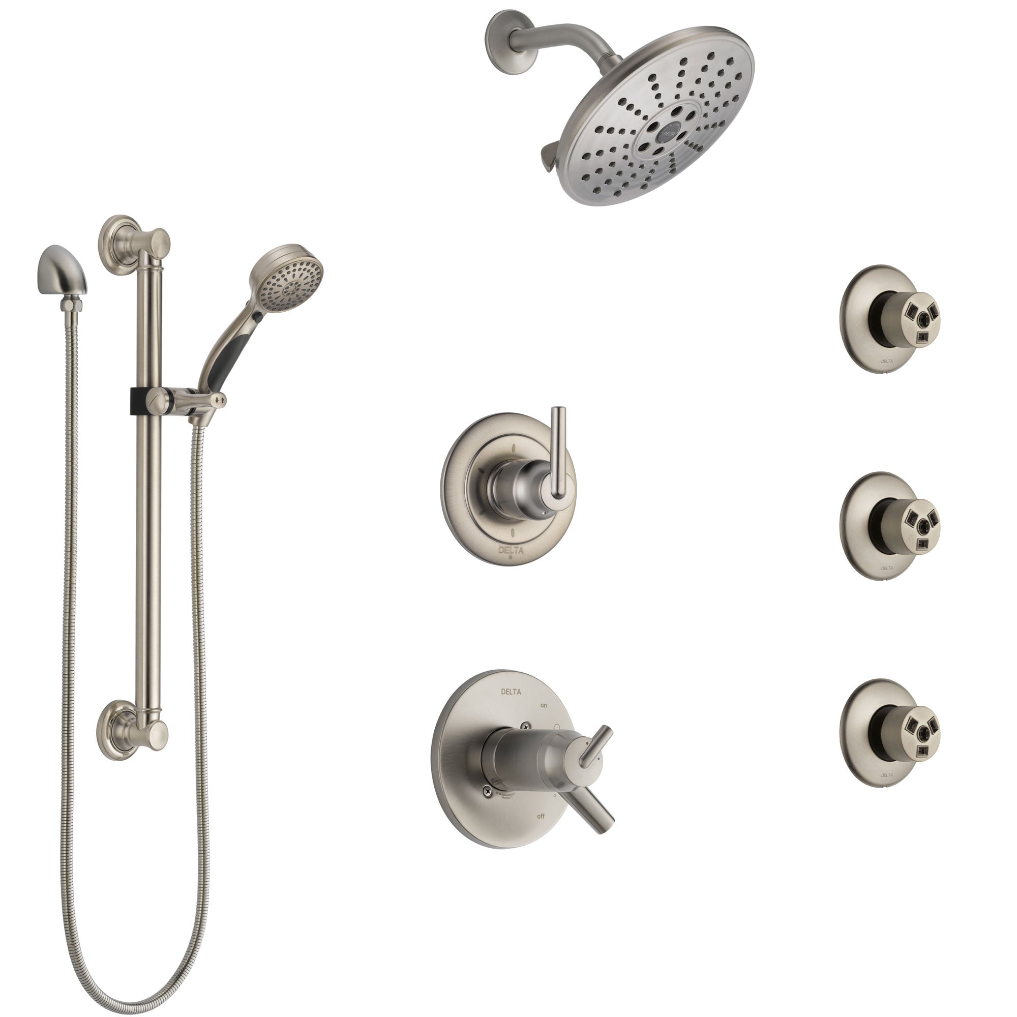 Delta Trinsic Dual Thermostatic Control Stainless Steel Finish Shower System, Diverter, Showerhead, 3 Body Sprays, Grab Bar Hand Spray SS17T2591SS1