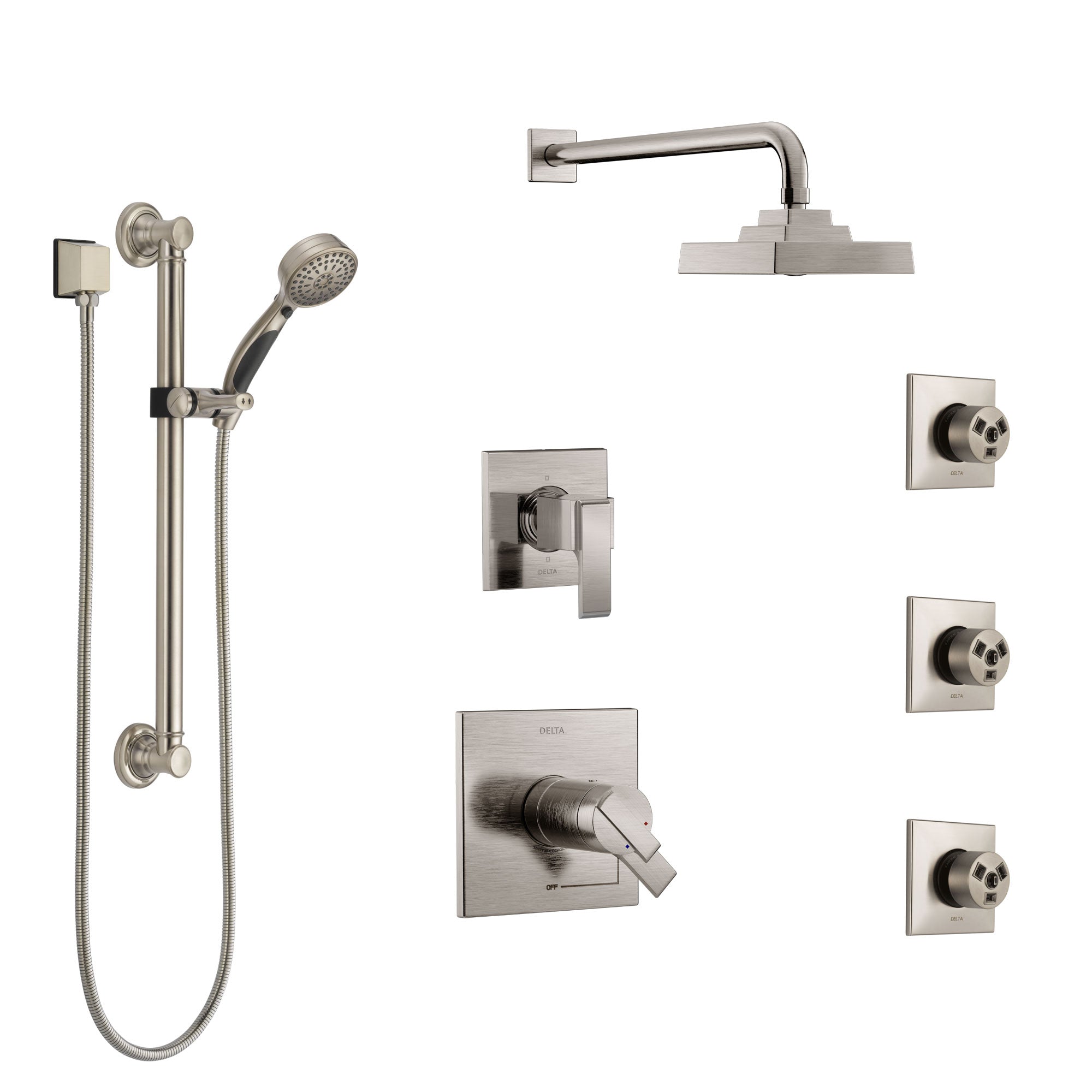 Delta Ara Dual Thermostatic Control Stainless Steel Finish Shower System, Diverter, Showerhead, 3 Body Sprays, and Grab Bar Hand Shower SS17T2671SS2