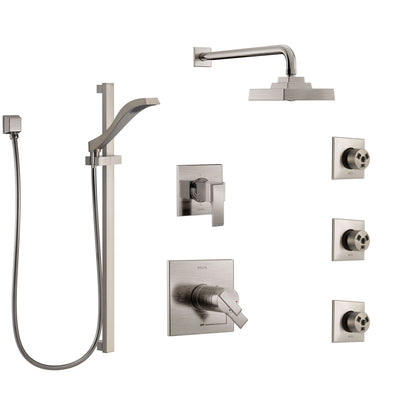 Delta Ara Dual Thermostatic Control Stainless Steel Finish Shower System, 6-Setting Diverter, Showerhead, 3 Body Sprays, and Hand Shower SS17T2671SS3