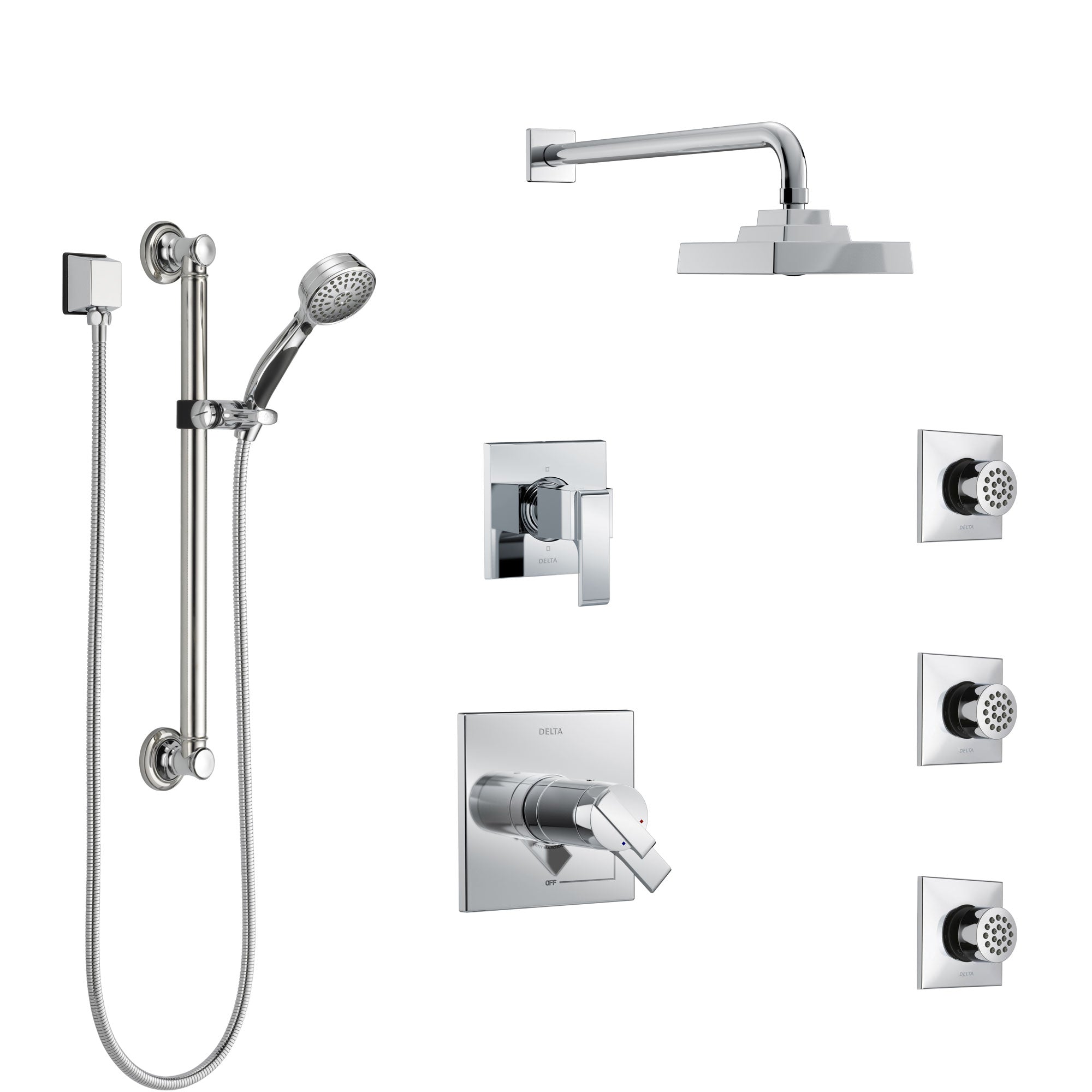 Delta Ara Chrome Shower System with Dual Thermostatic Control, 6-Setting Diverter, Showerhead, 3 Body Sprays, and Hand Shower with Grab Bar SS17T26721