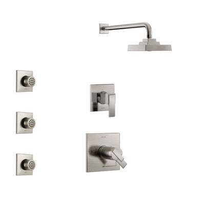 Delta Ara Stainless Steel Finish Shower System with Dual Thermostatic Control Handle, 3-Setting Diverter, Showerhead, and 3 Body Sprays SS17T2672SS2