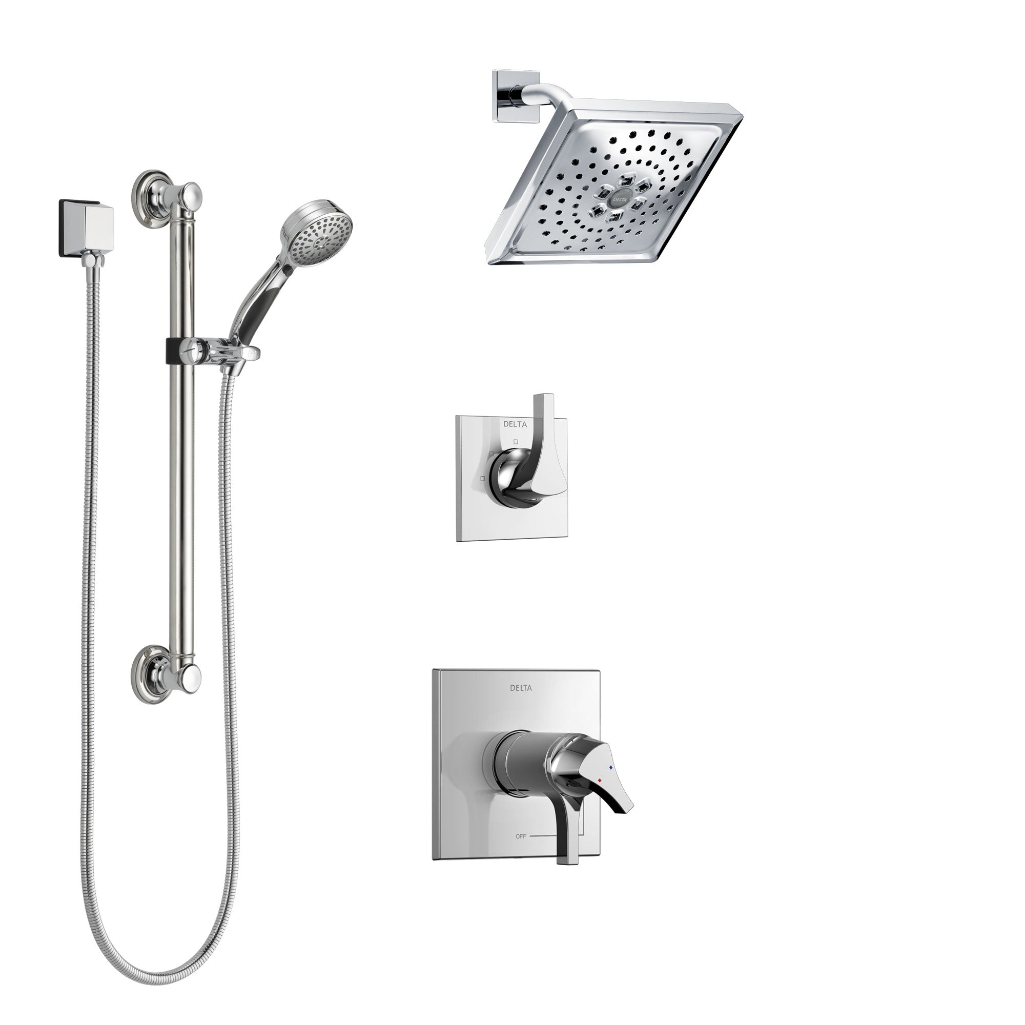 Delta Zura Chrome Finish Shower System with Dual Thermostatic Control Handle, 3-Setting Diverter, Showerhead, and Hand Shower with Grab Bar SS17T27414