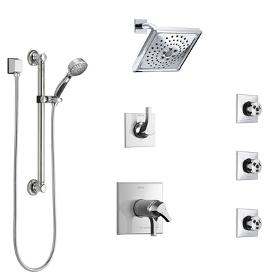 Delta Zura Chrome Shower System with Dual Thermostatic Control, Diverter, Showerhead, 3 Body Sprays, and Hand Shower with Grab Bar SS17T27421