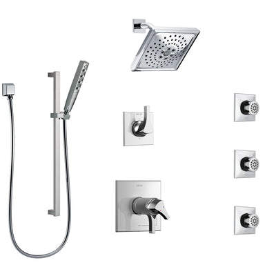 Delta Zura Chrome Shower System with Dual Thermostatic Control Handle, 6-Setting Diverter, Showerhead, 3 Body Sprays, and Hand Shower SS17T27423