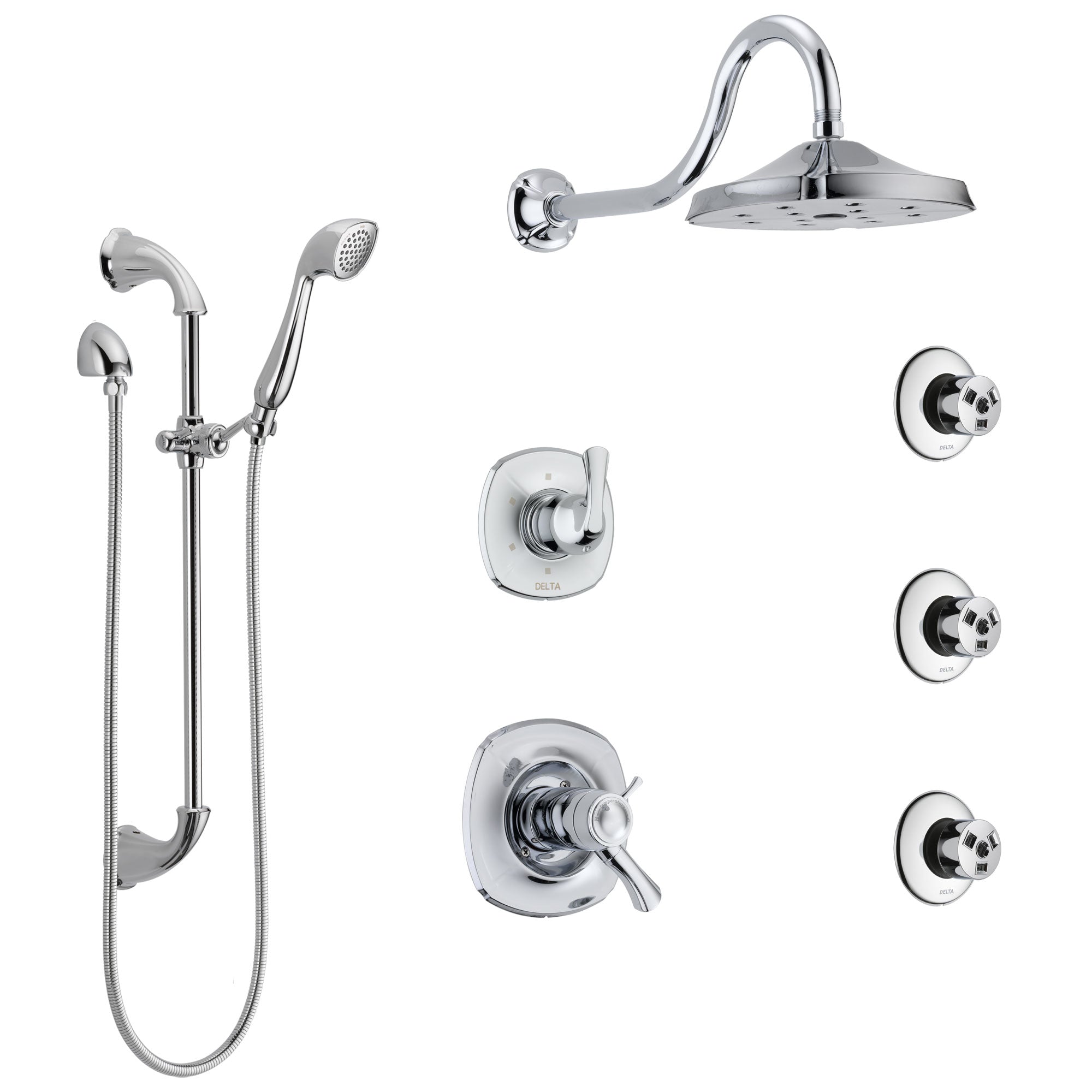 Delta Addison Chrome Shower System with Dual Thermostatic Control Handle, 6-Setting Diverter, Showerhead, 3 Body Sprays, and Hand Shower SS17T29223