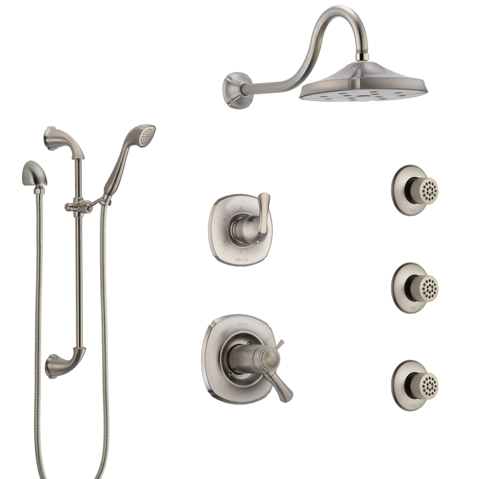 Delta Addison Dual Thermostatic Control Stainless Steel Finish Shower System, Diverter, Showerhead, 3 Body Sprays, and Hand Shower SS17T2922SS3