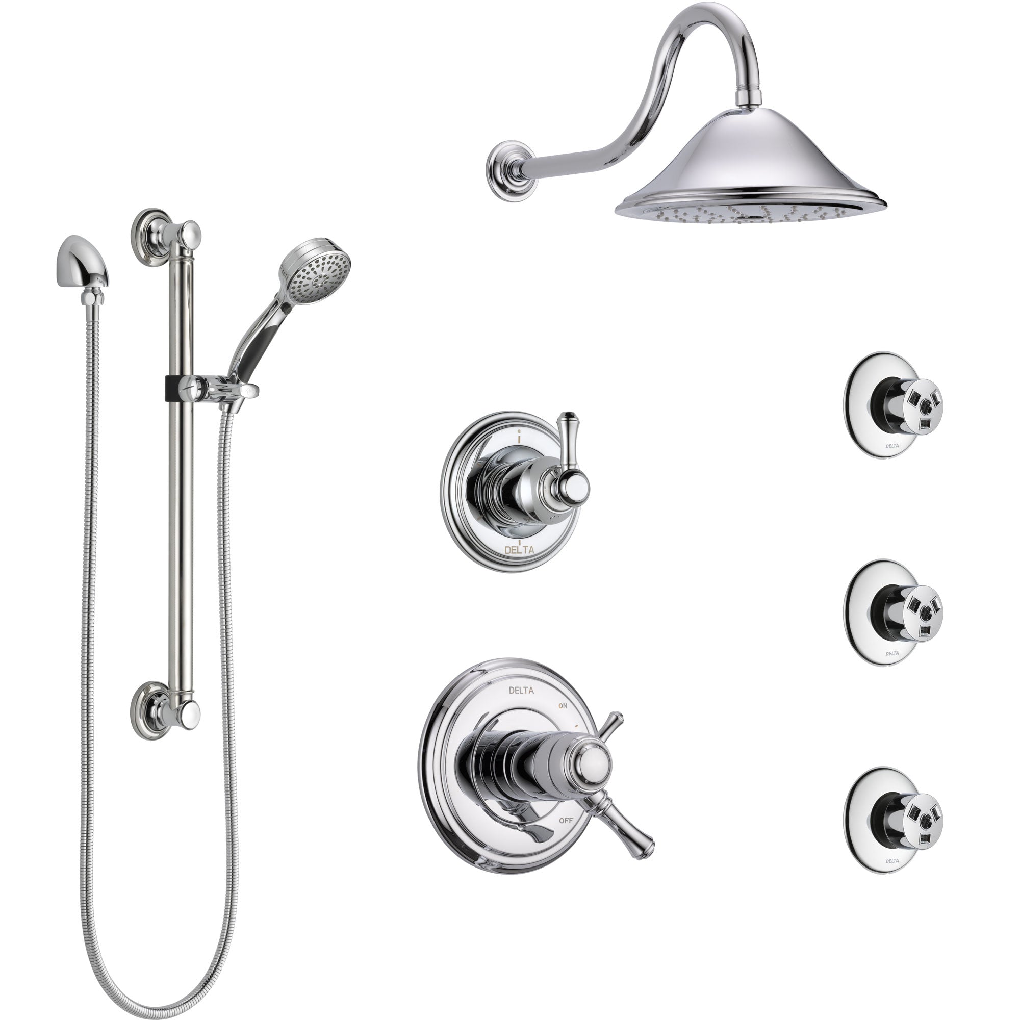 Delta Cassidy Chrome Shower System with Dual Thermostatic Control, Diverter, Showerhead, 3 Body Sprays, and Hand Shower with Grab Bar SS17T29712