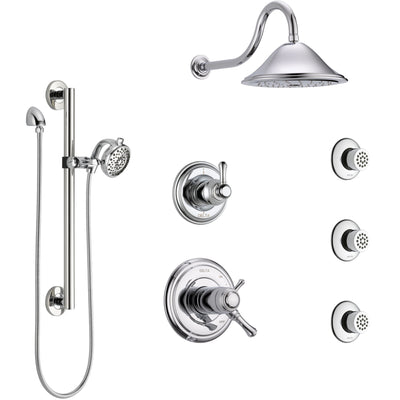 Delta Cassidy Chrome Shower System with Dual Thermostatic Control, Diverter, Showerhead, 3 Body Sprays, and Hand Shower with Grab Bar SS17T29715