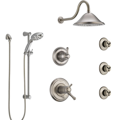 Delta Cassidy Dual Thermostatic Control Stainless Steel Finish Shower System, Diverter, Showerhead, 3 Body Sprays, and Temp2O Hand Shower SS17T2971SS5