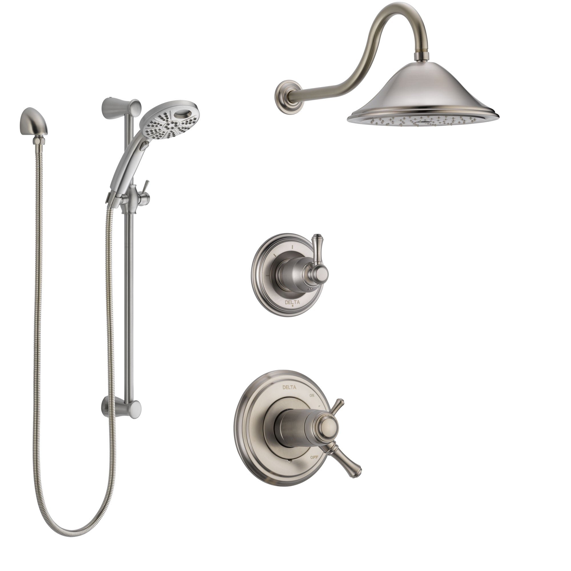 Delta Cassidy Dual Thermostatic Control Stainless Steel Finish Shower System, Diverter, Showerhead, and Temp2O Hand Shower with Slidebar SS17T2972SS4