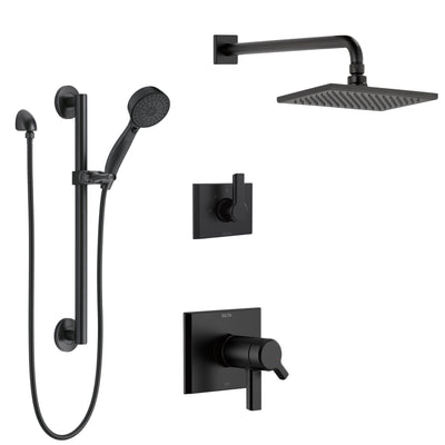 Delta Pivotal Matte Black Finish Thermostatic Dual Control Shower System with Wall Mount Rain Showerhead and Hand Shower with Grab Bar SS17T2993BL1