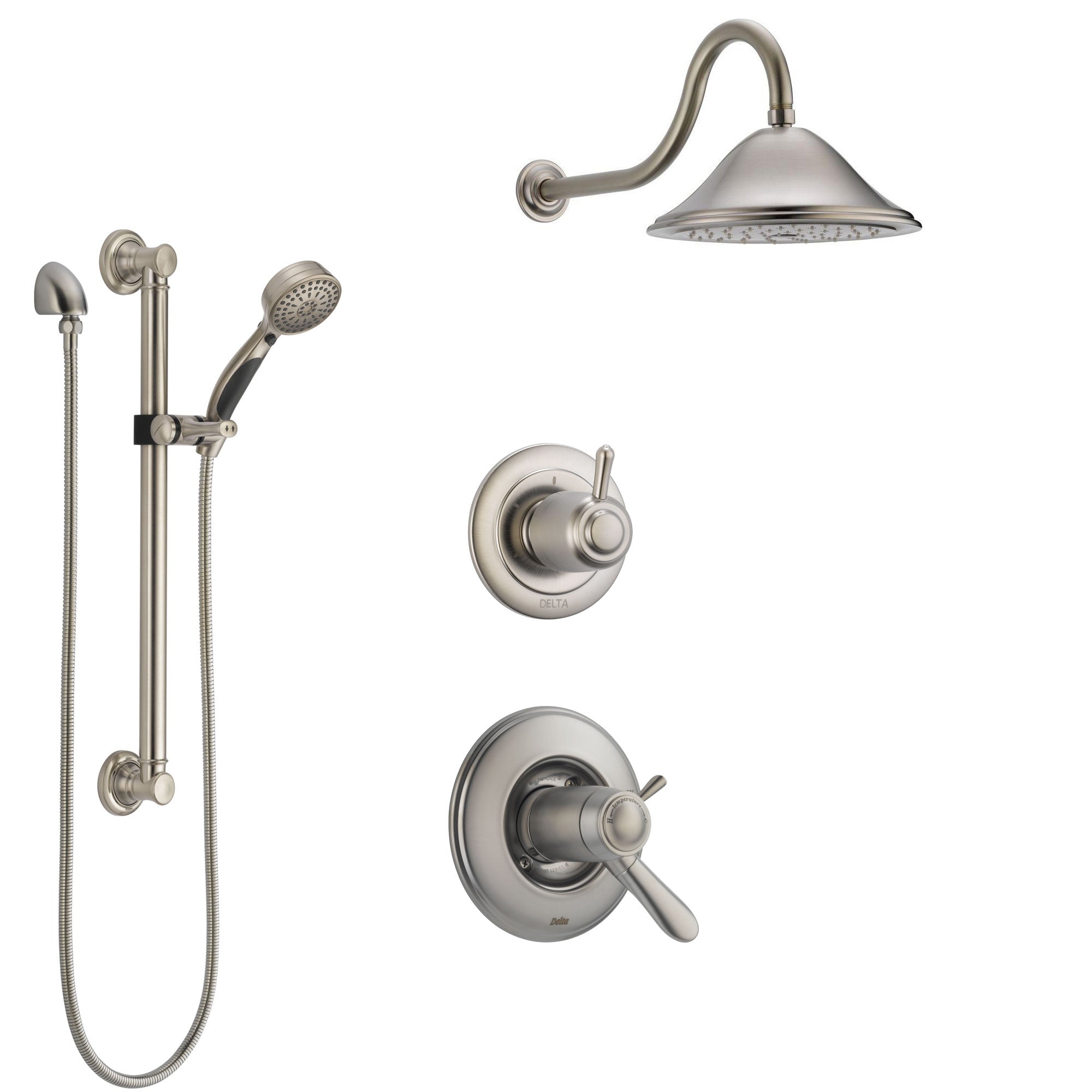 Delta Lahara Dual Thermostatic Control Handle Stainless Steel Finish Shower System, Diverter, Showerhead, and Hand Shower with Grab Bar SS17T381SS1