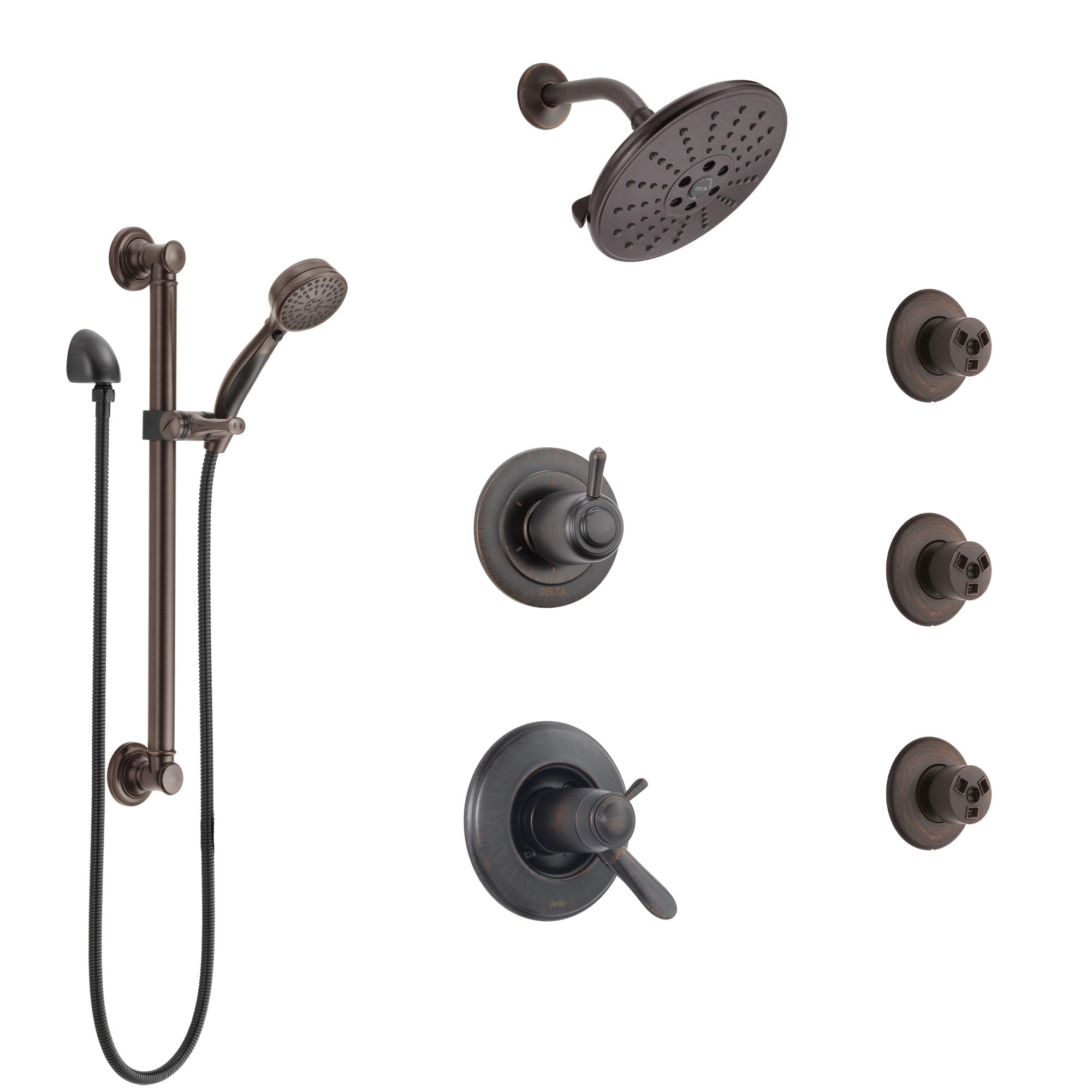 Delta Lahara Venetian Bronze Shower System with Dual Thermostatic Control, Diverter, Showerhead, 3 Body Sprays, and Grab Bar Hand Shower SS17T382RB1