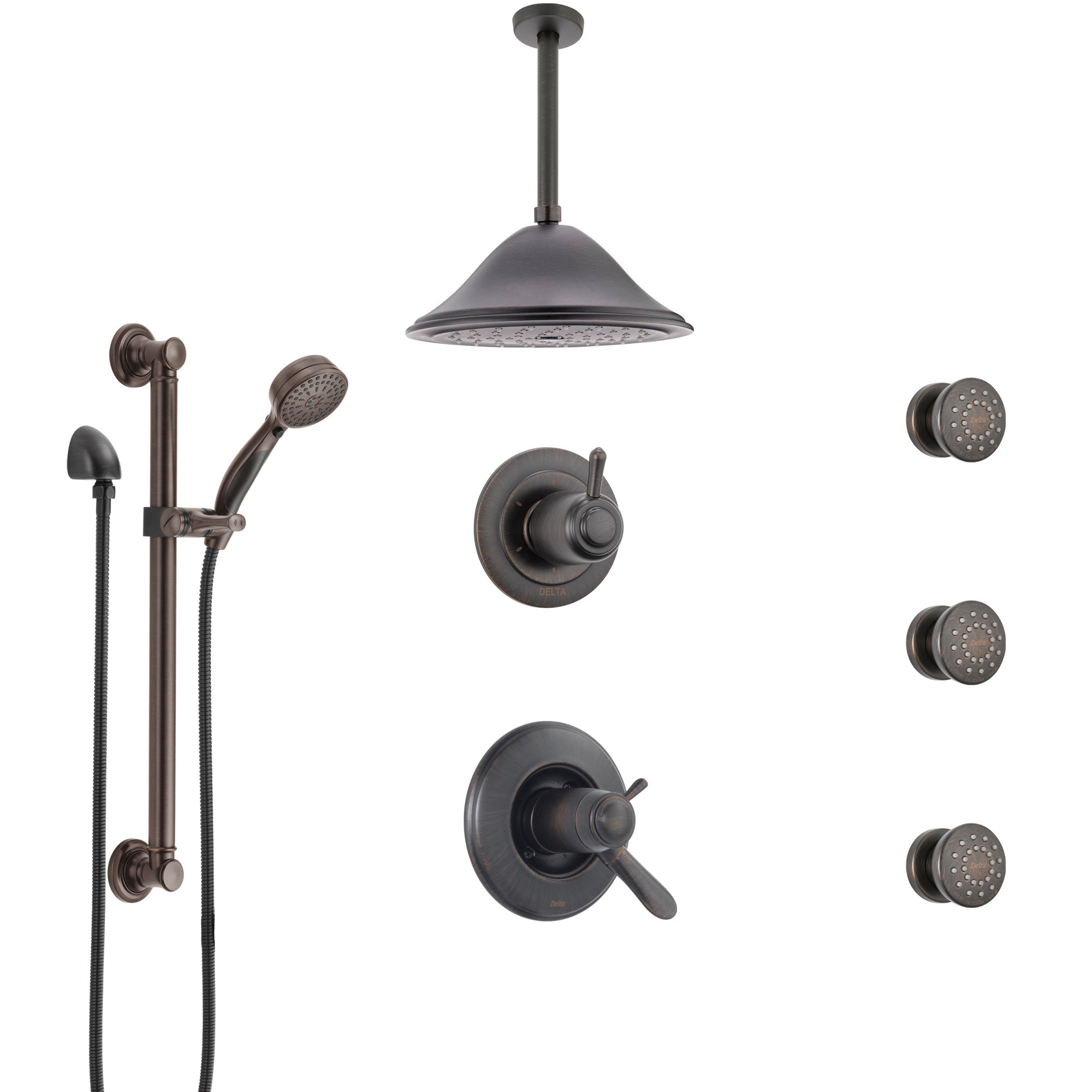 Delta Lahara Venetian Bronze Dual Thermostatic Control Shower System, Diverter, Ceiling Showerhead, 3 Body Sprays, and Grab Bar Hand Spray SS17T382RB7