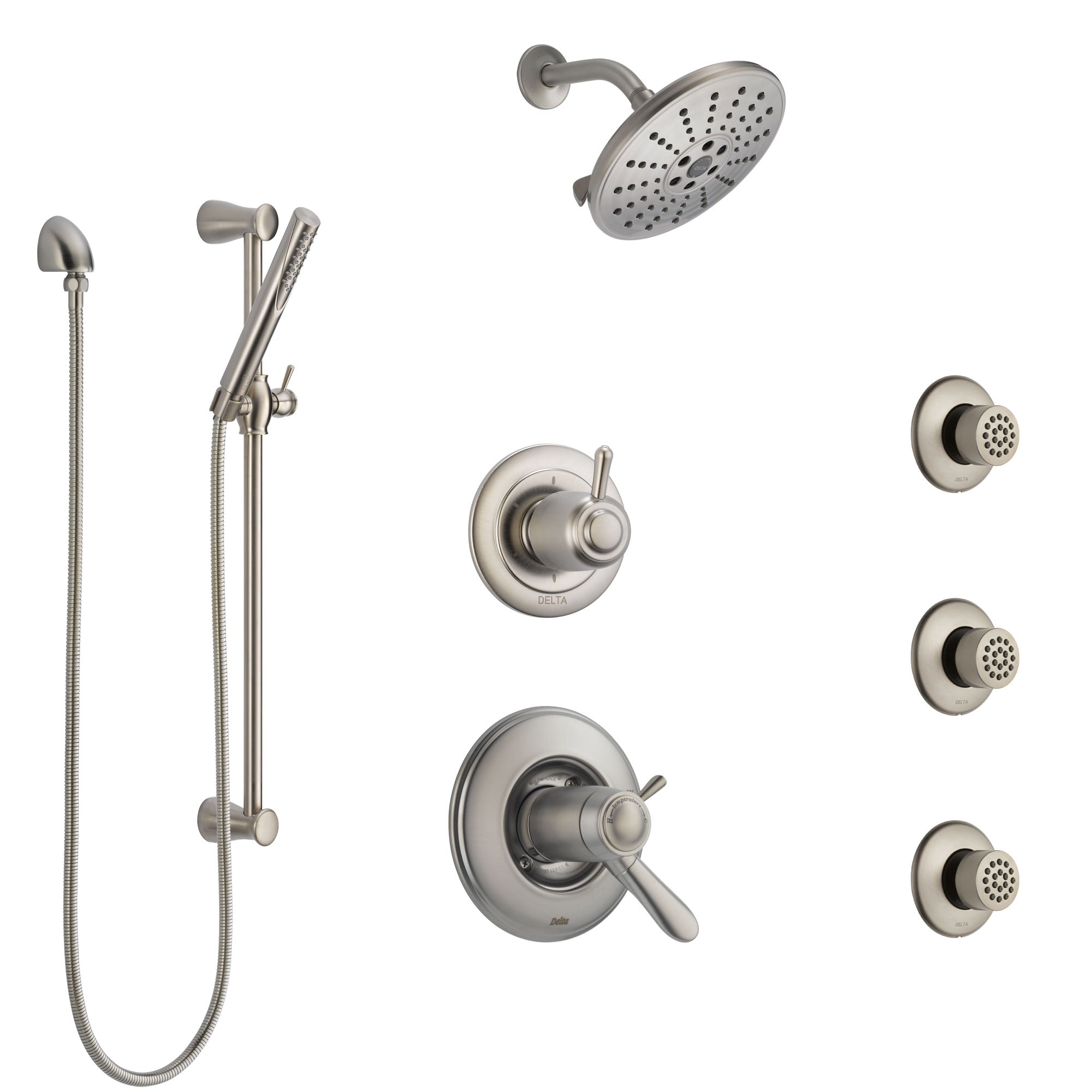 Delta Lahara Dual Thermostatic Control Stainless Steel Finish Shower System, Diverter, Showerhead, 3 Body Sprays, and Hand Shower SS17T382SS1