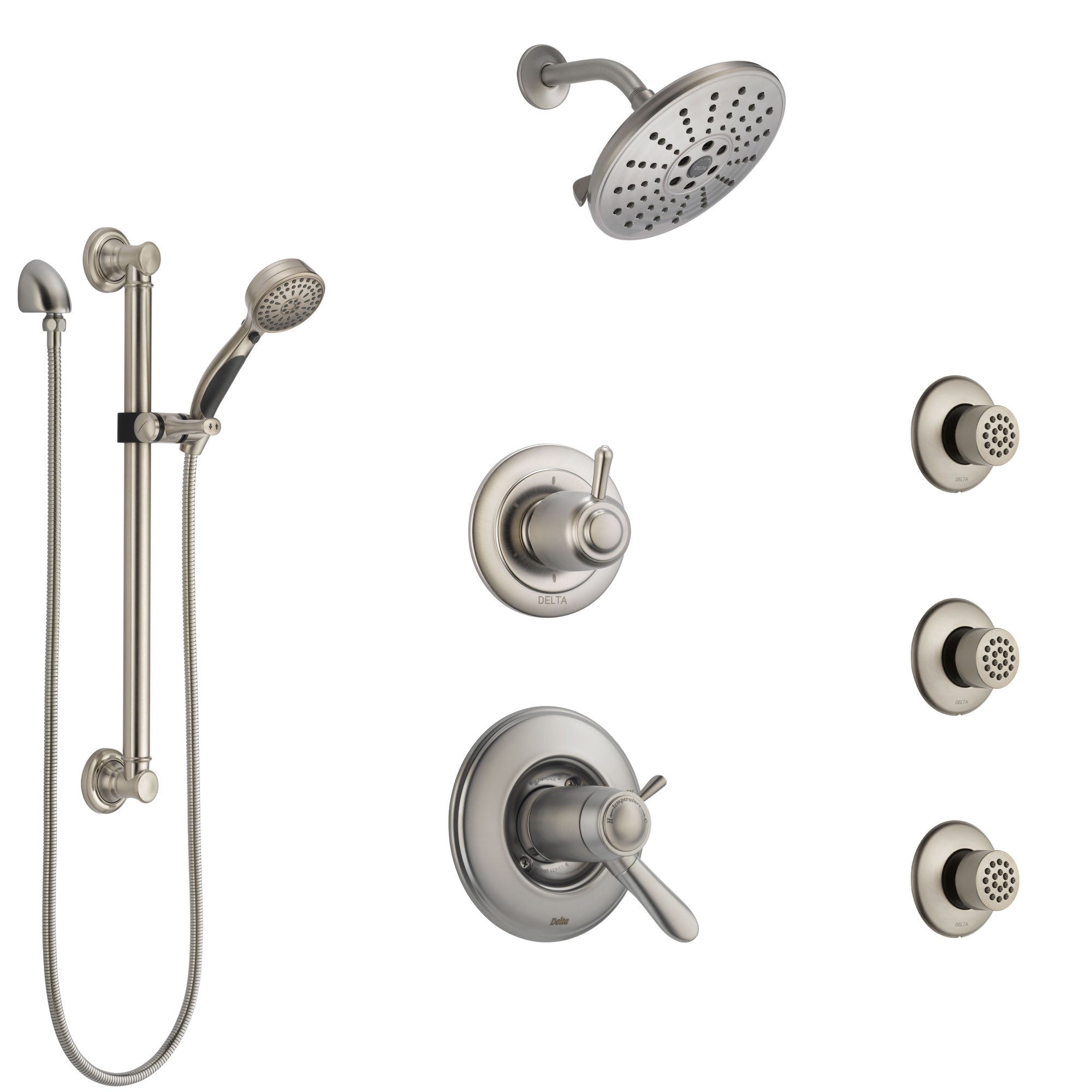 Delta Lahara Dual Thermostatic Control Stainless Steel Finish Shower System, Diverter, Showerhead, 3 Body Sprays, and Grab Bar Hand Shower SS17T382SS2