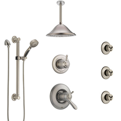 Delta Lahara Dual Thermostatic Control Stainless Steel Finish Shower System with Ceiling Showerhead, 3 Body Jets, Grab Bar Hand Spray SS17T382SS6