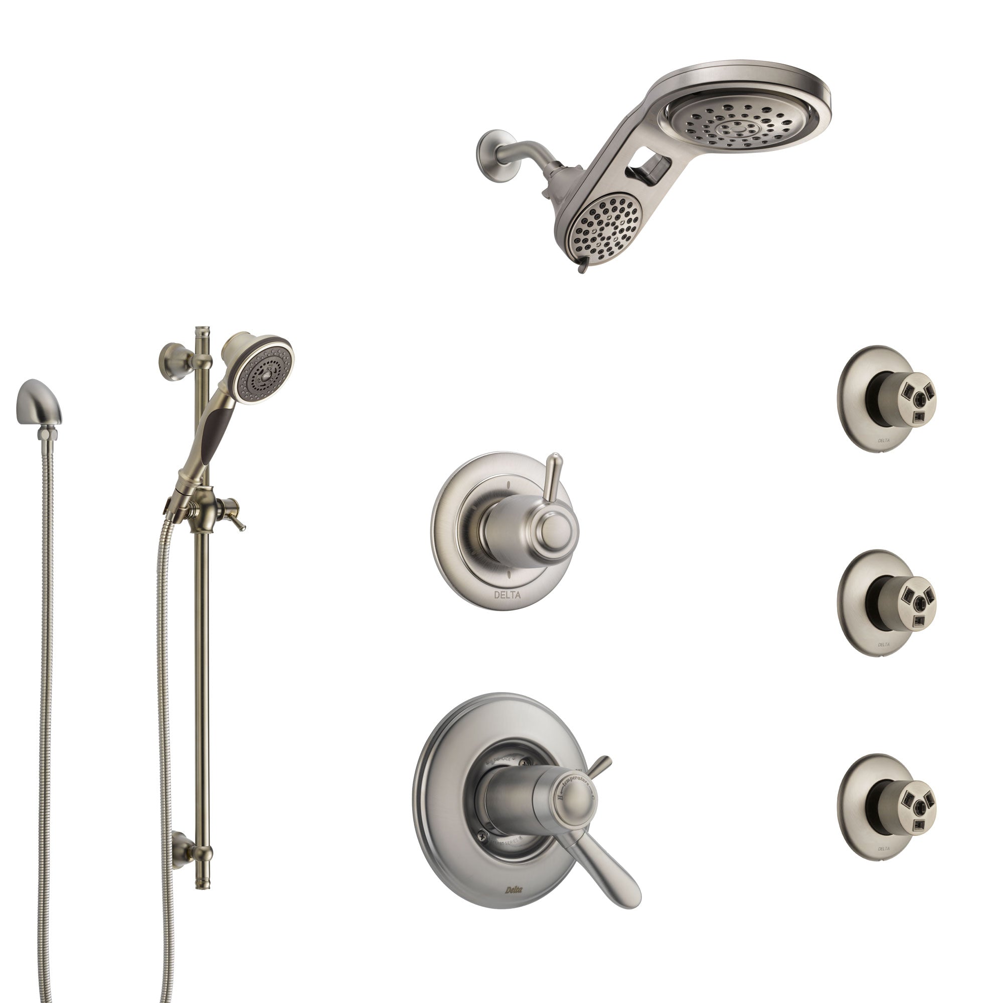 Delta Lahara Dual Thermostatic Control Stainless Steel Finish Shower System, Diverter, Dual Showerhead, 3 Body Sprays, and Hand Shower SS17T382SS8