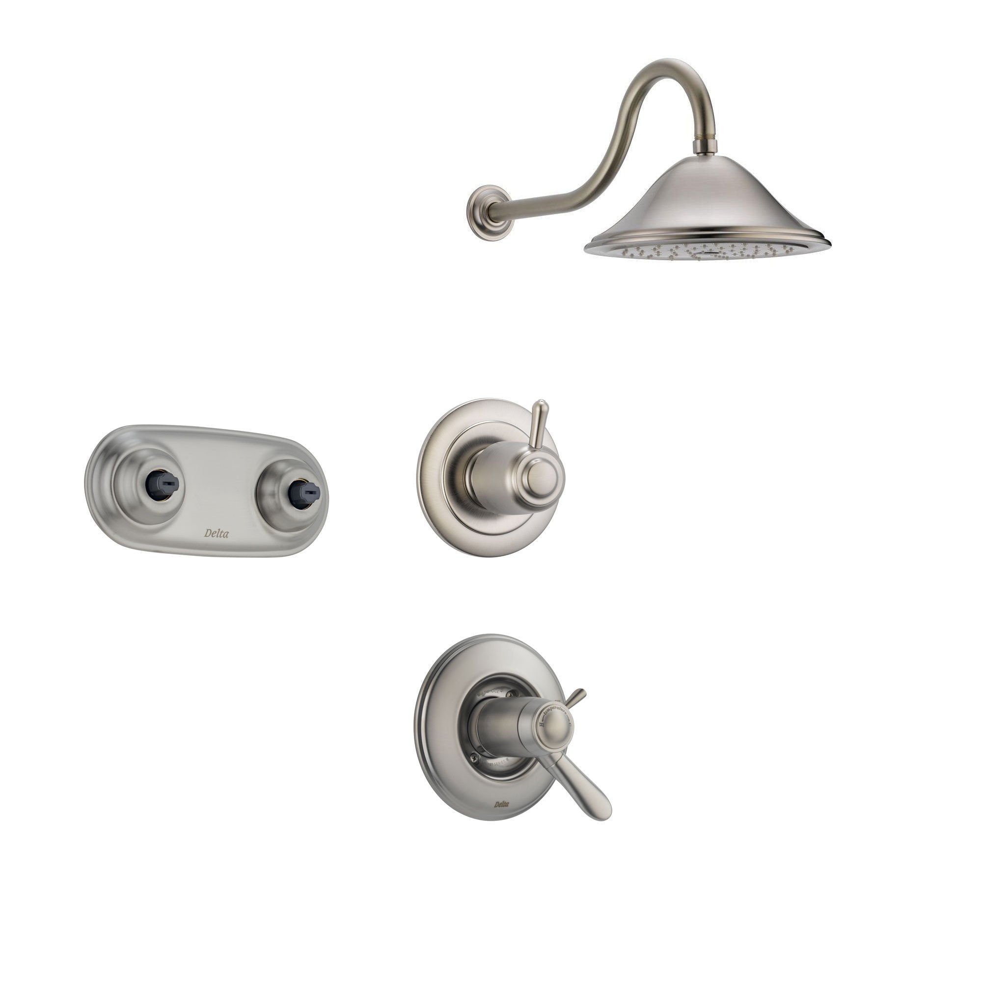 Delta Lahara Stainless Steel Shower System with Thermostatic Shower Handle, 3-setting Diverter, Large Rain Showerhead, and Dual Body Spray Shower Plate SS17T3885SS