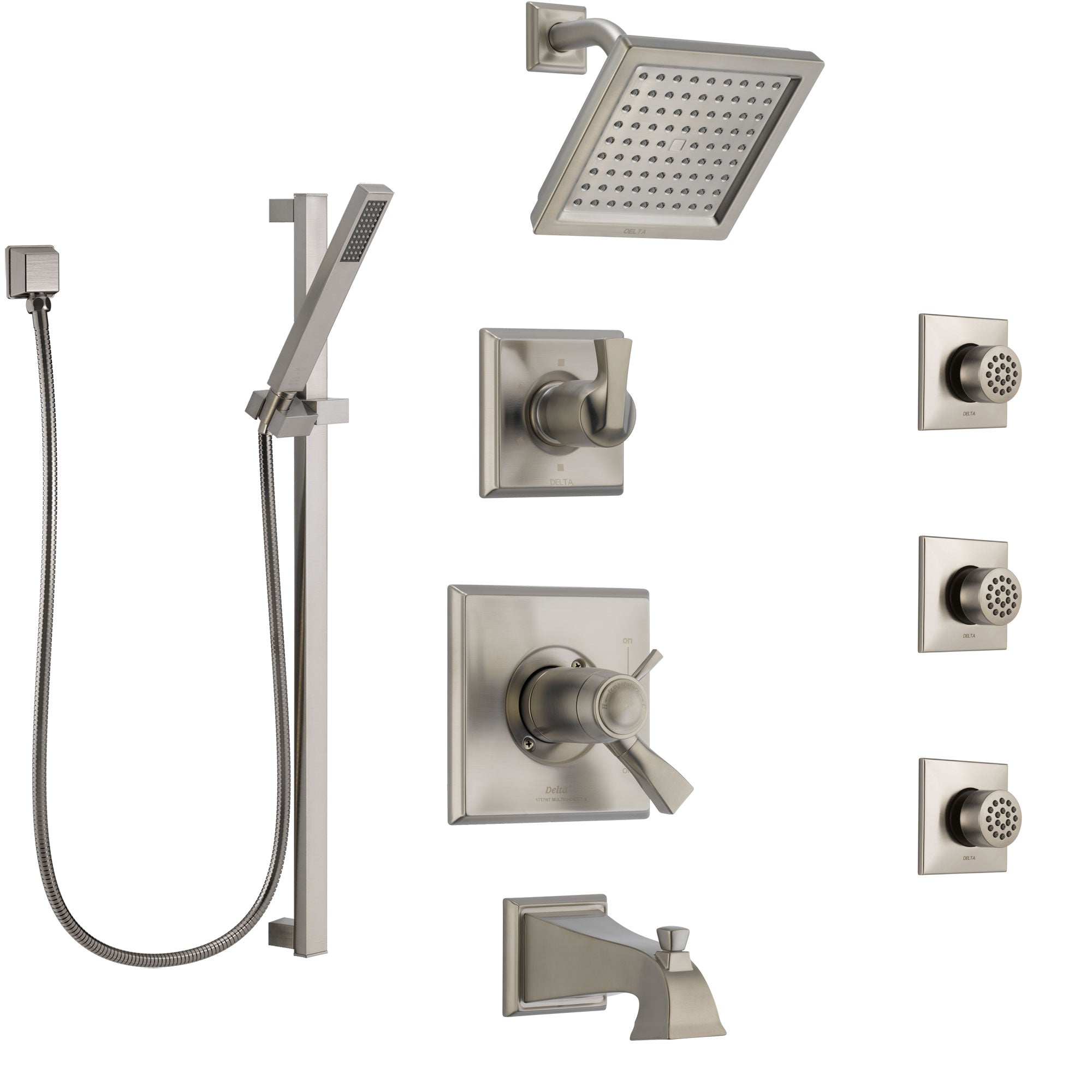 Delta Dryden Stainless Steel Finish Dual Thermostatic Control Tub and Shower System, Diverter, Showerhead, 3 Body Sprays, and Hand Shower SS17T4512SS3