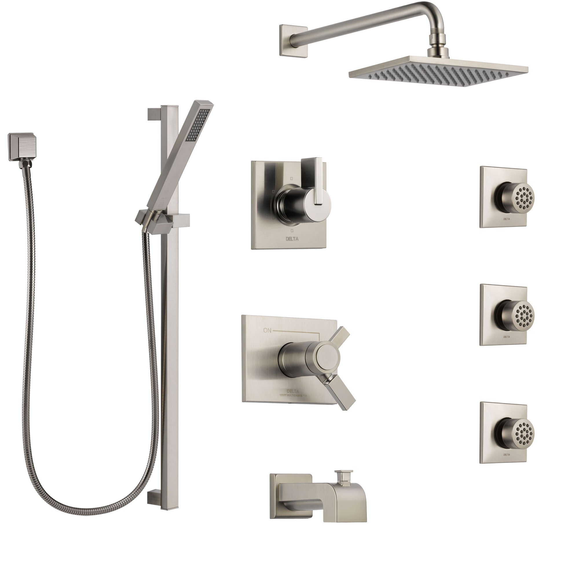 Delta Vero Stainless Steel Finish Dual Thermostatic Control Tub and Shower System, Diverter, Showerhead, 3 Body Sprays, and Hand Shower SS17T4532SS3