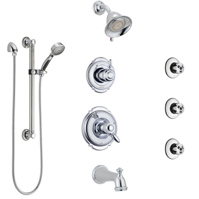 Delta Victorian Chrome Dual Thermostatic Control Tub and Shower System, Diverter, Showerhead, 3 Body Sprays, and Hand Shower with Grab Bar SS17T45522