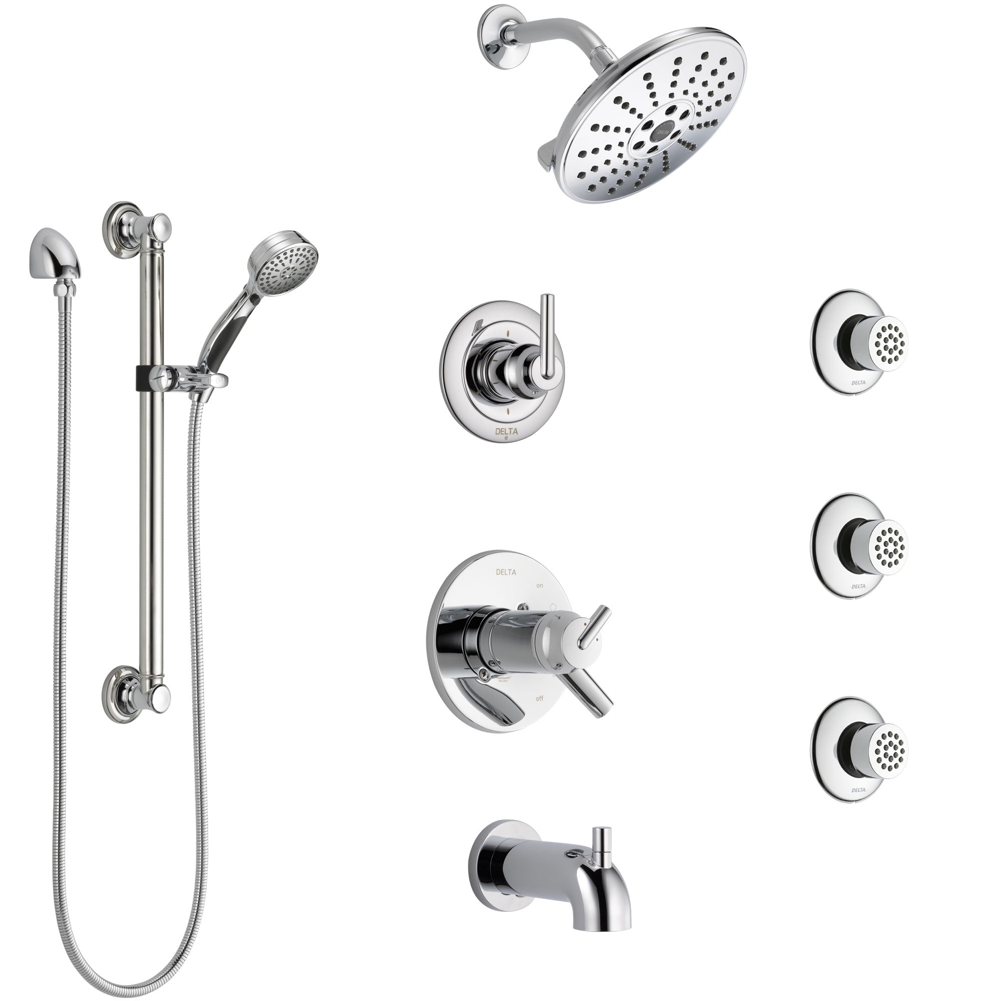 Delta Trinsic Chrome Dual Thermostatic Control Tub and Shower System, Diverter, Showerhead, 3 Body Sprays, and Hand Shower with Grab Bar SS17T45911