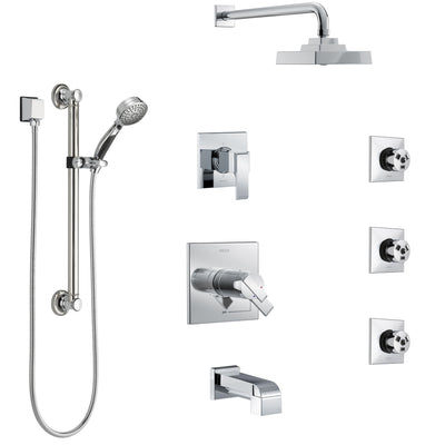 Delta Ara Chrome Tub and Shower System with Dual Thermostatic Control, Diverter, Showerhead, 3 Body Sprays, and Hand Shower with Grab Bar SS17T46721