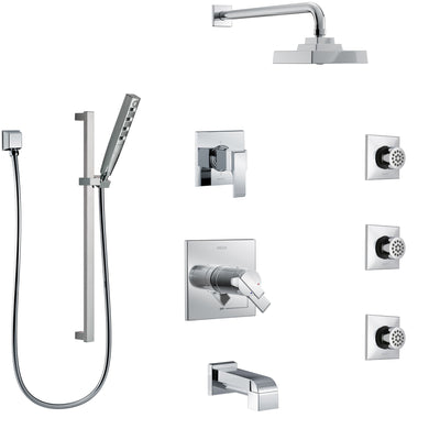 Delta Ara Chrome Tub and Shower System with Dual Thermostatic Control, 6-Setting Diverter, Showerhead, 3 Body Sprays, and Hand Shower SS17T46723