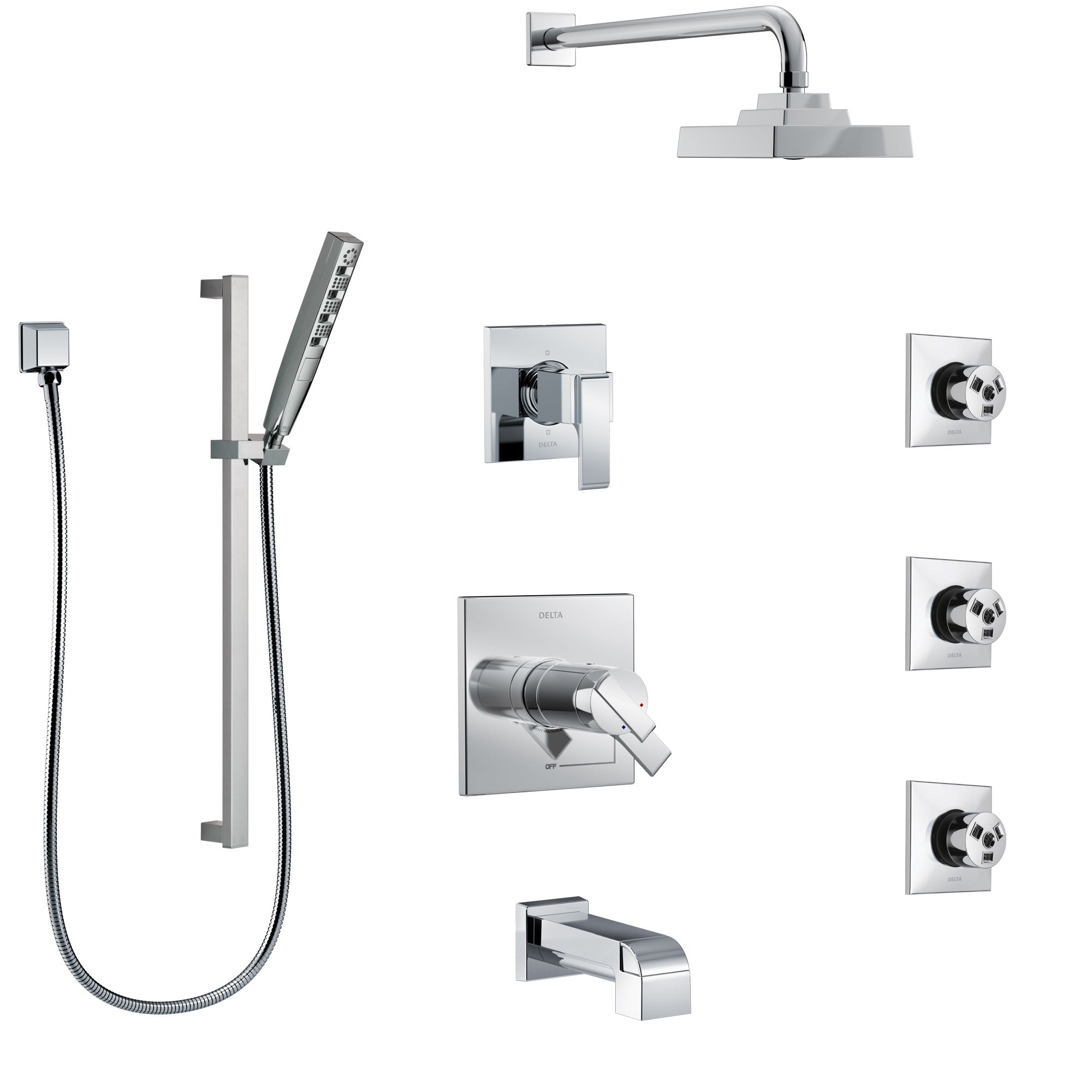 Delta Ara Chrome Tub and Shower System with Dual Thermostatic Control, 6-Setting Diverter, Showerhead, 3 Body Sprays, and Hand Shower SS17T46724