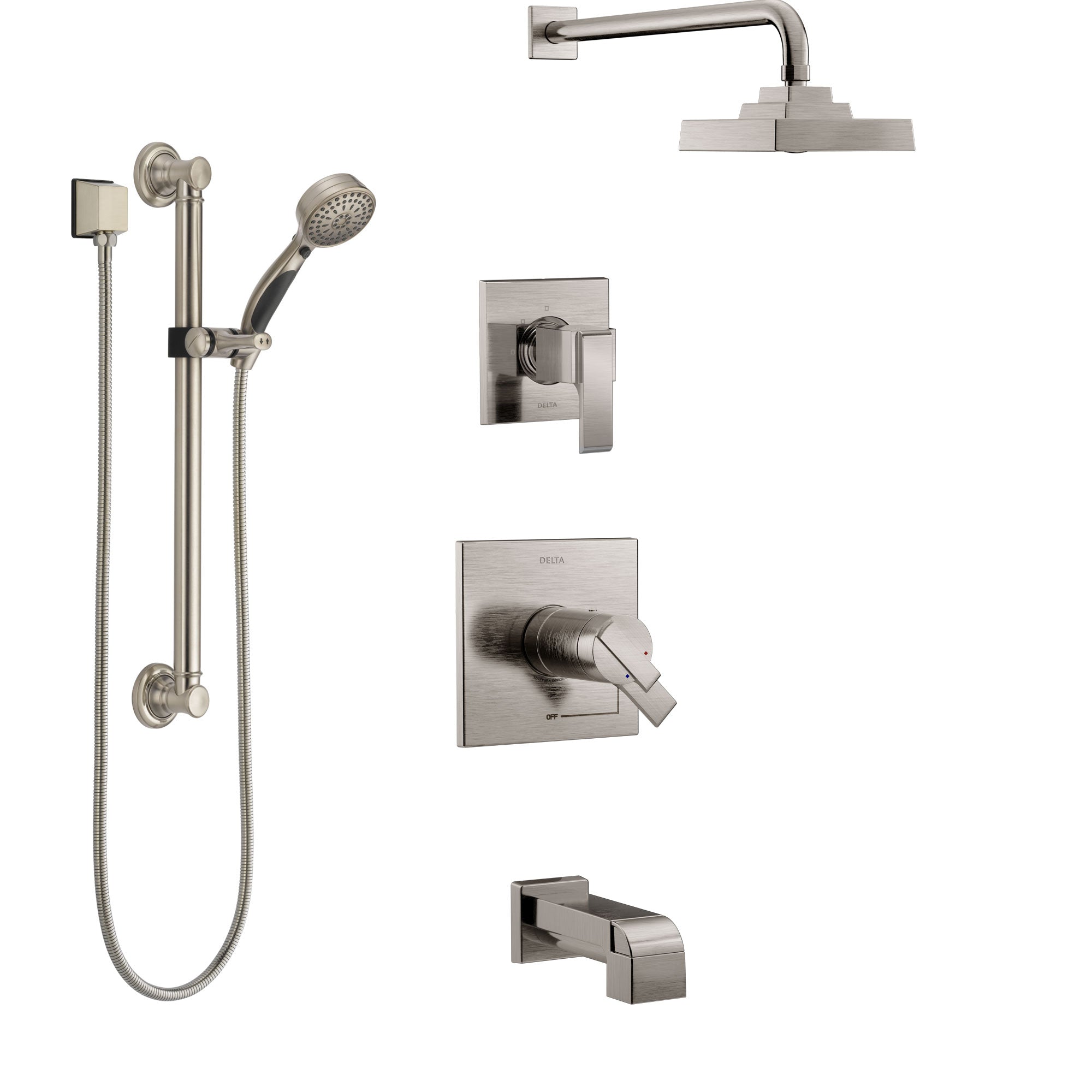 Delta Ara Stainless Steel Finish Dual Thermostatic Control Tub and Shower System, Diverter, Showerhead, and Hand Shower with Grab Bar SS17T4672SS3