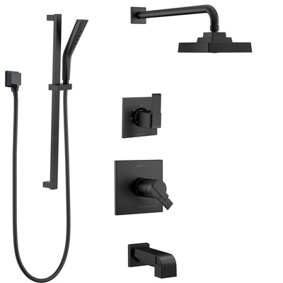 Delta Ara Matte Black Finish Thermostatic 17T Complete Tub and Shower System with Diverter, Showerhead, and Hand Sprayer on Slide Bar SS17T4673BL2