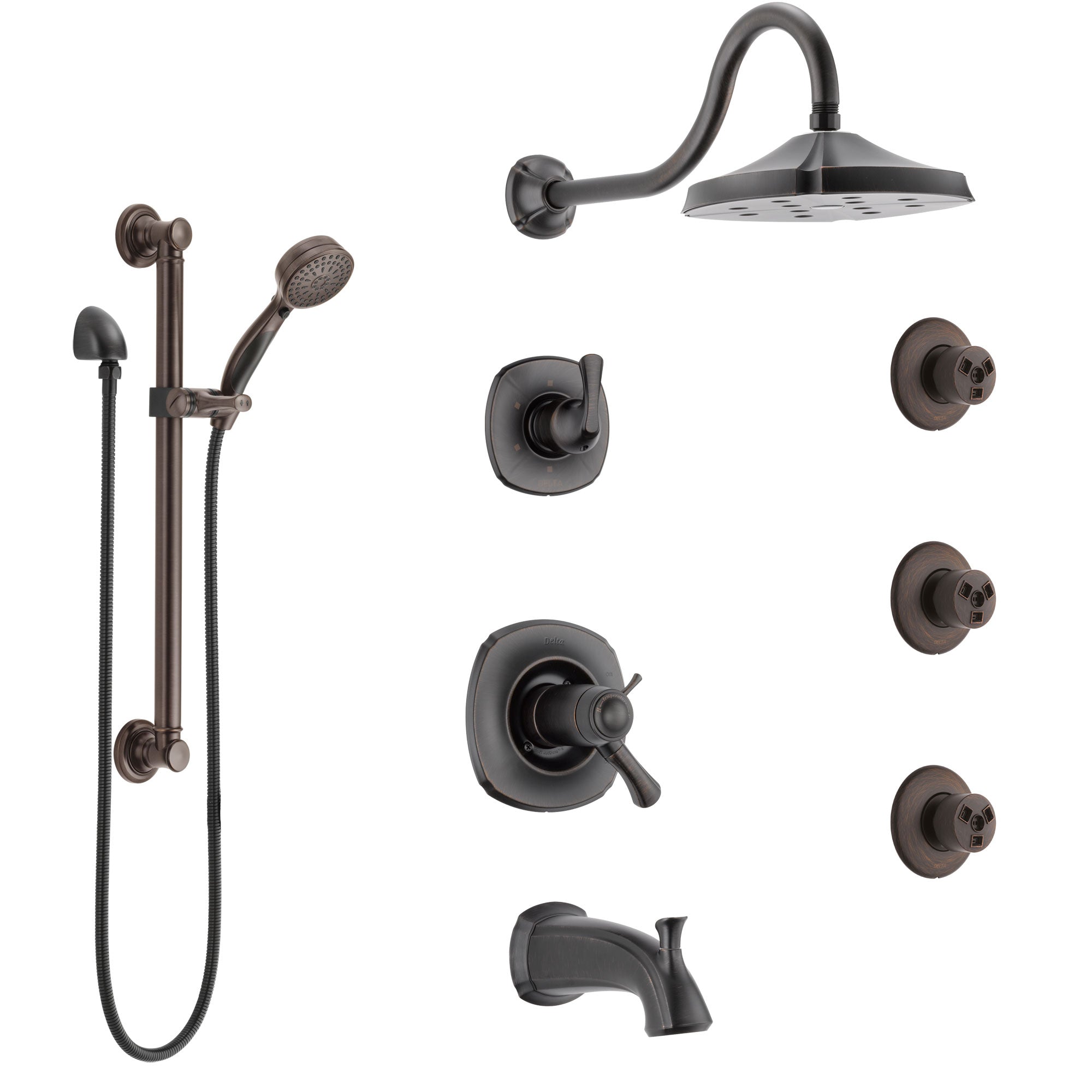 Delta Addison Venetian Bronze Dual Thermostatic Control Tub and Shower System, Diverter, Showerhead, 3 Body Sprays, Grab Bar Hand Spray SS17T4922RB2