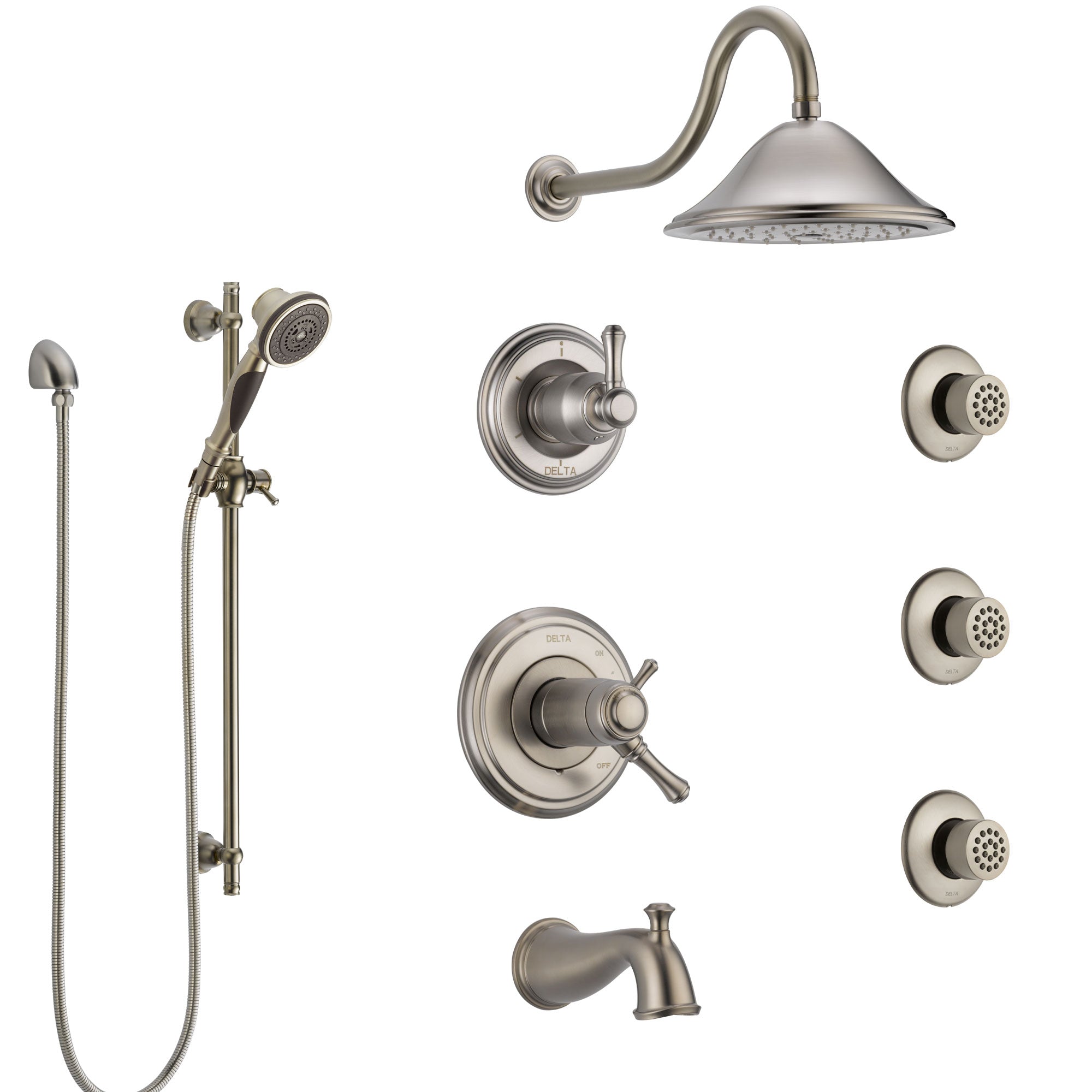 Delta Cassidy Stainless Steel Finish Dual Thermostatic Control Tub and Shower System, Diverter, Showerhead, 3 Body Sprays, and Hand Spray SS17T4971SS3