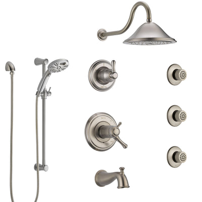 Delta Cassidy Stainless Steel Finish Thermostatic Control Tub and Shower System, Diverter, Showerhead, 3 Body Sprays, & Temp2O Hand Spray SS17T4971SS6