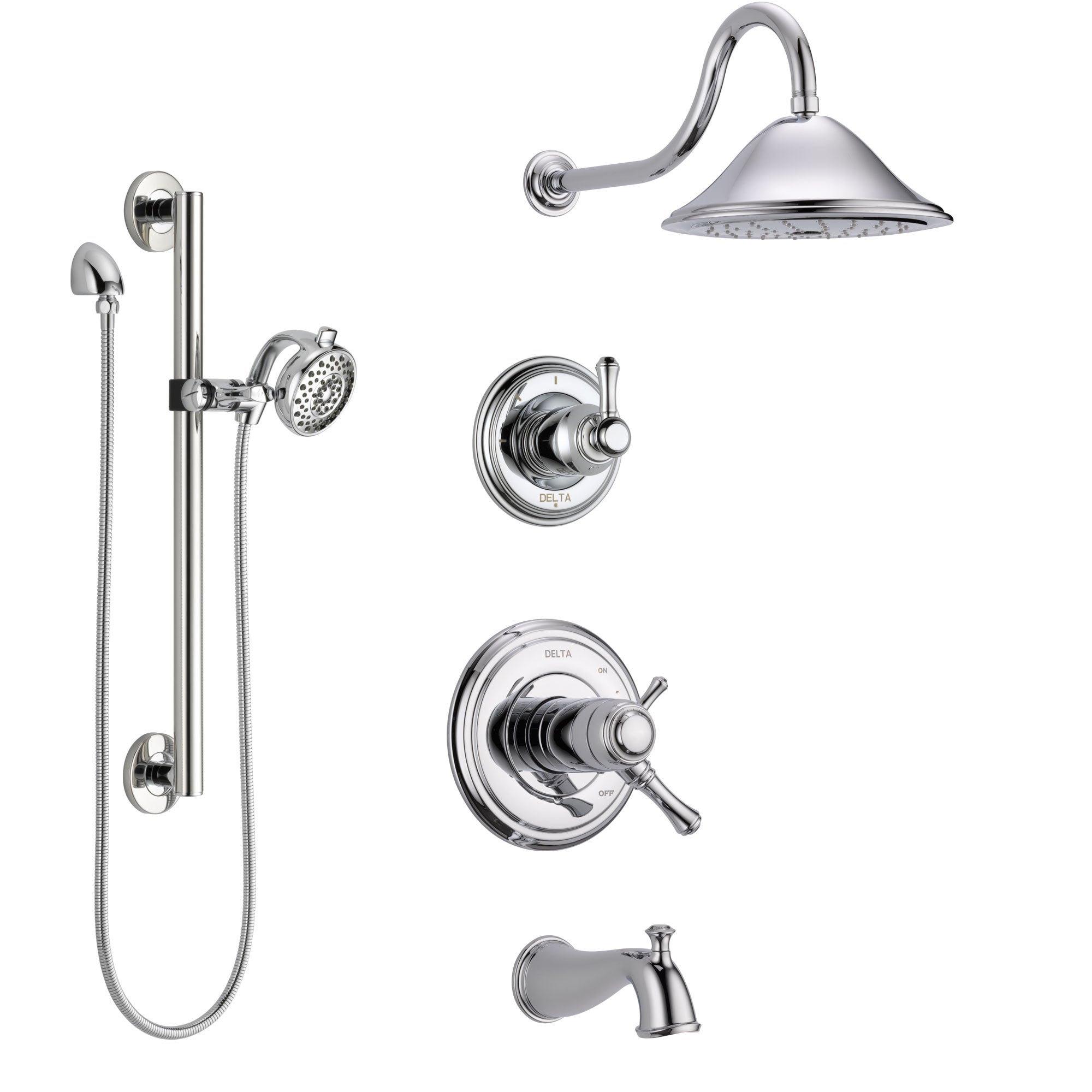 Delta Cassidy Chrome Tub and Shower System with Dual Thermostatic Control Handle, Diverter, Showerhead, and Hand Shower with Grab Bar SS17T49726