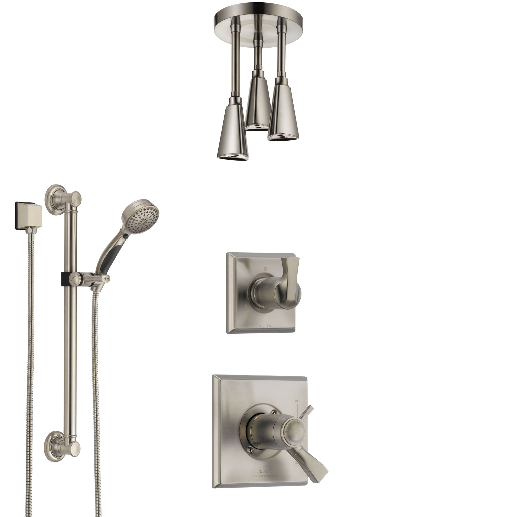 Delta Dryden Dual Thermostatic Control Stainless Steel Finish Shower System, Diverter, Ceiling Mount Showerhead, and Grab Bar Hand Shower SS17T511SS3