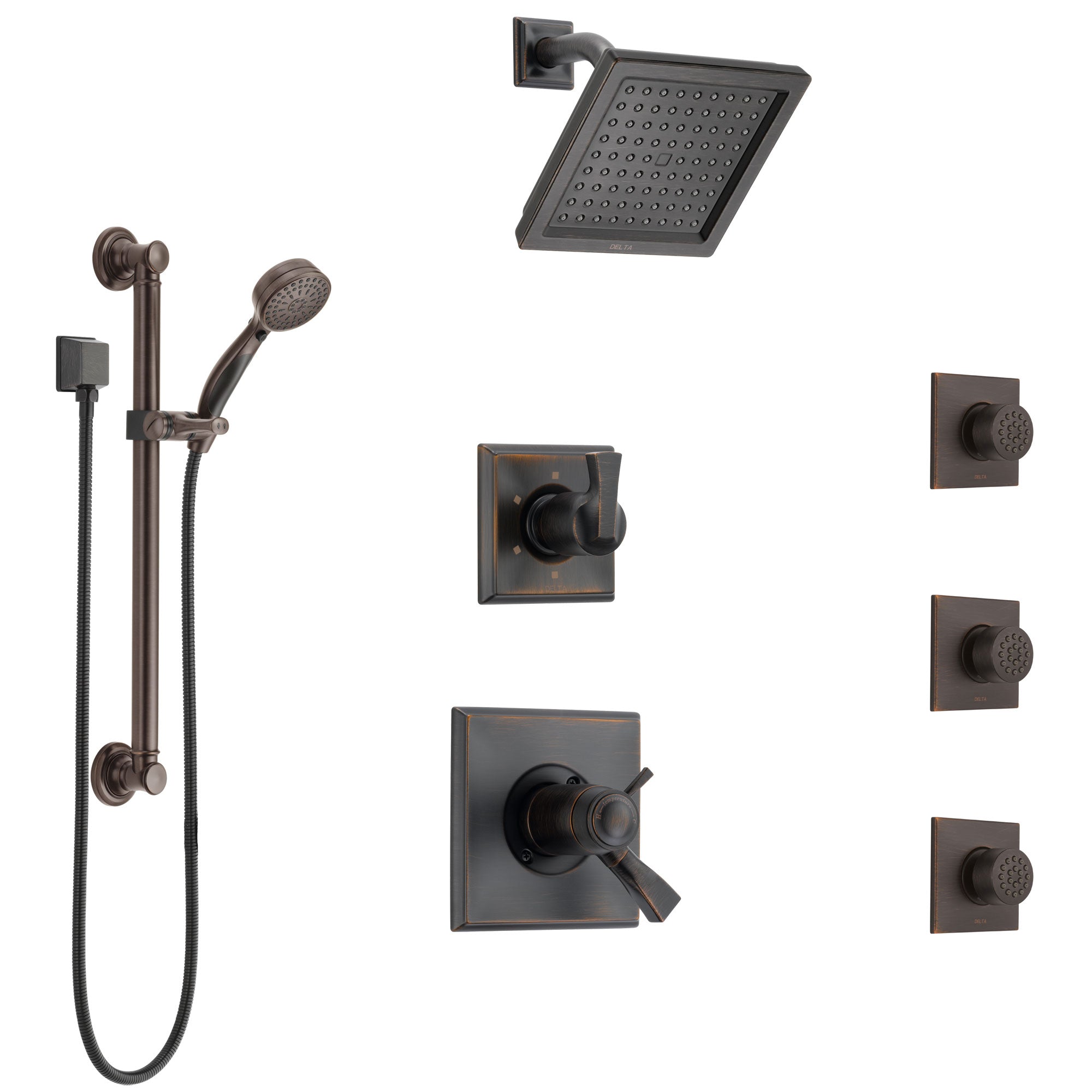 Delta Dryden Venetian Bronze Shower System with Dual Thermostatic Control, Diverter, Showerhead, 3 Body Sprays, and Grab Bar Hand Shower SS17T512RB1