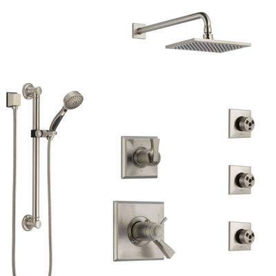 Delta Dryden Dual Thermostatic Control Stainless Steel Finish Shower System, Diverter, Showerhead, 3 Body Sprays, and Grab Bar Hand Shower SS17T512SS6