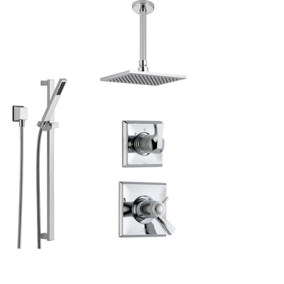 Delta Dryden Chrome Shower System with Thermostatic Shower Handle, 3-setting Diverter, Modern Square Ceiling Mount Rain Showerhead, and Handheld Shower SS17T5182