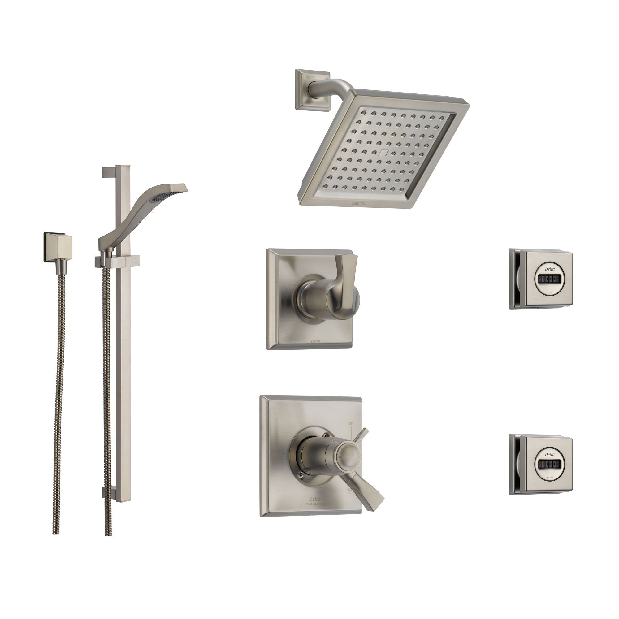 Delta Dryden Stainless Steel Shower System with Thermostatic Shower Handle, 6-setting Diverter, Modern Square Showerhead, Hand Held Shower, and 2 Body Sprays SS17T5191SS