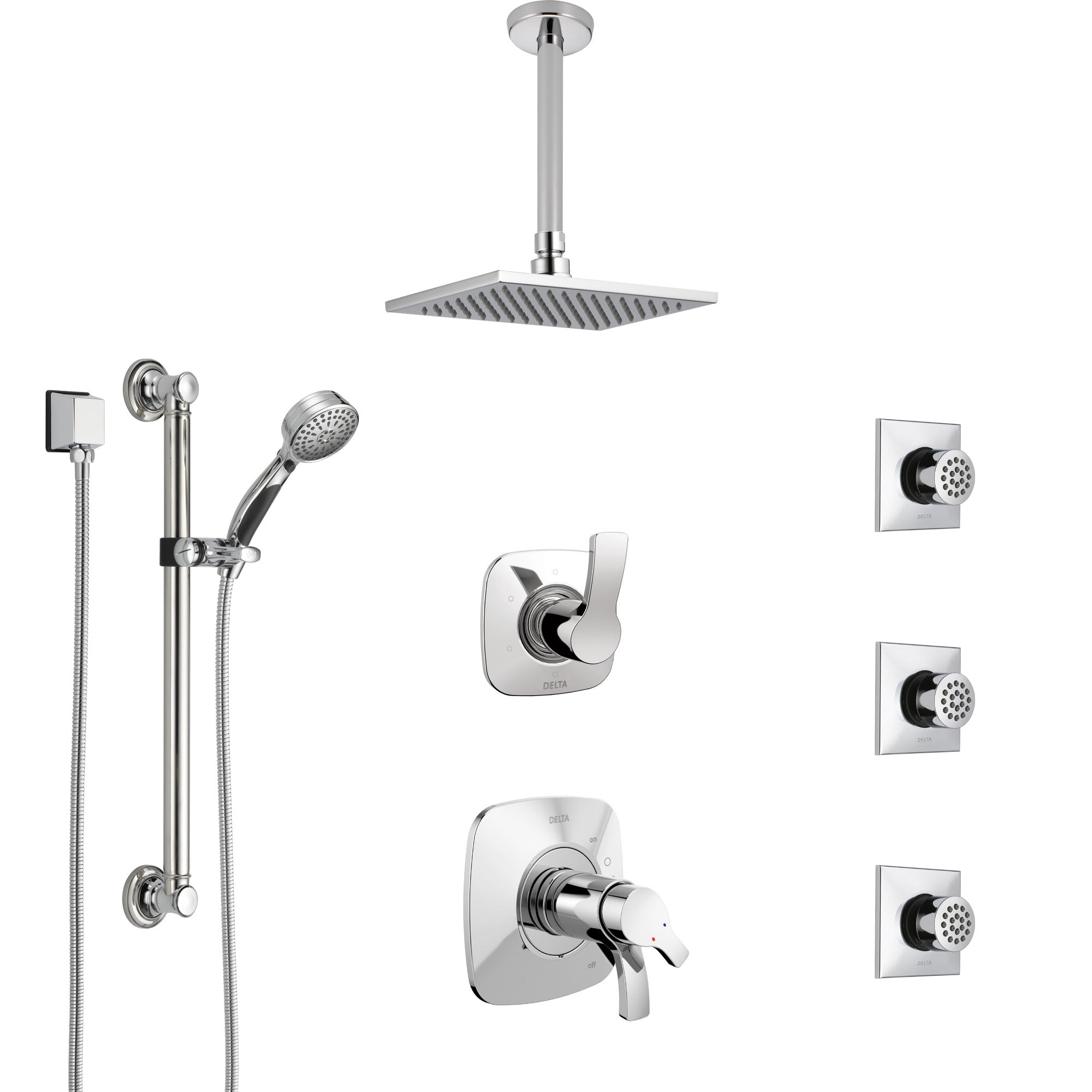 Delta Tesla Chrome Shower System with Dual Thermostatic Control, Diverter, Ceiling Mount Showerhead, 3 Body Sprays, and Grab Bar Hand Shower SS17T5211